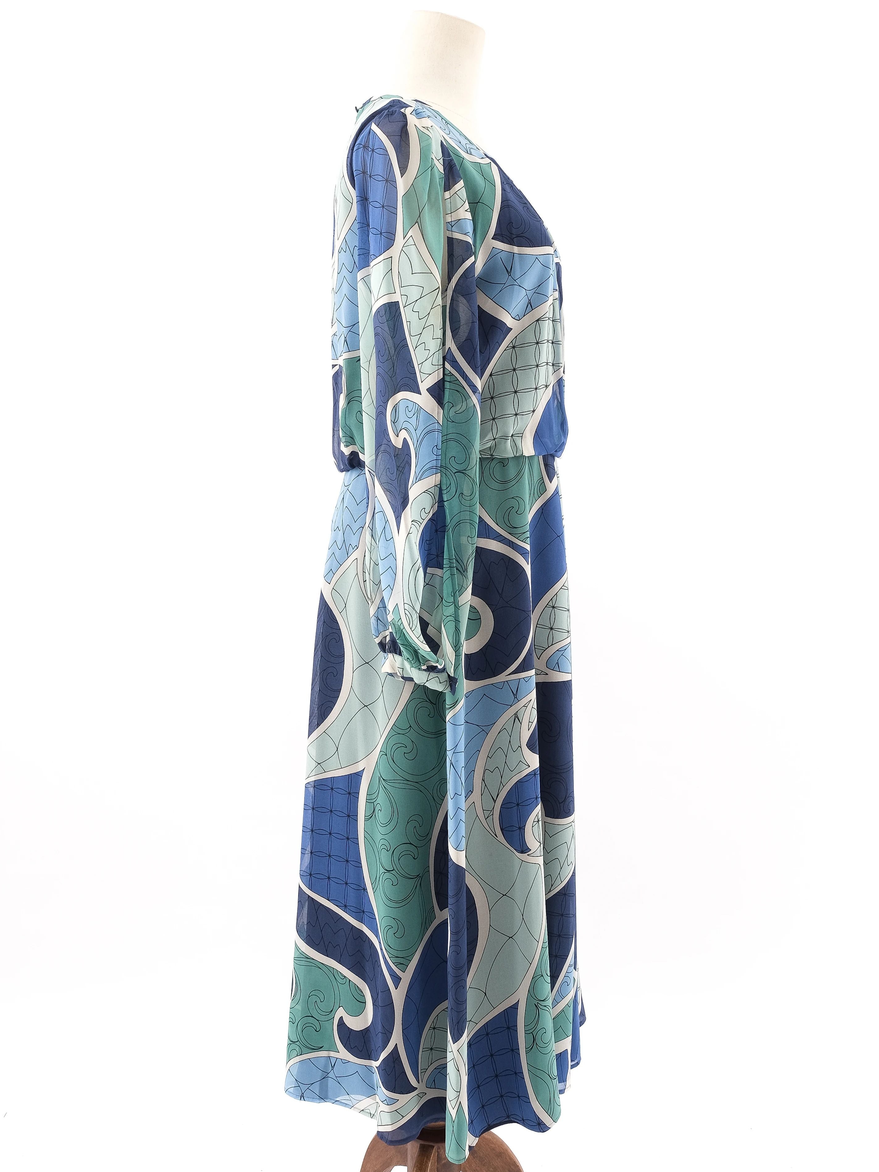 Excellent Marella Long-Sleeved Dress Blue Green Abstract Size L
