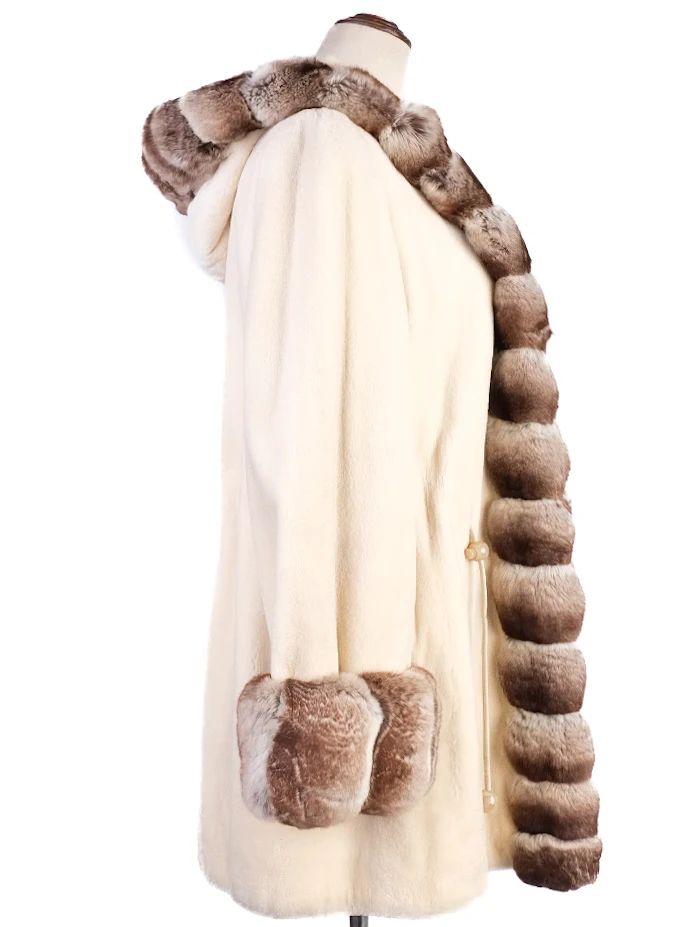 Excellent Yves Salamon White Fur Coat with Brown Trim Size M