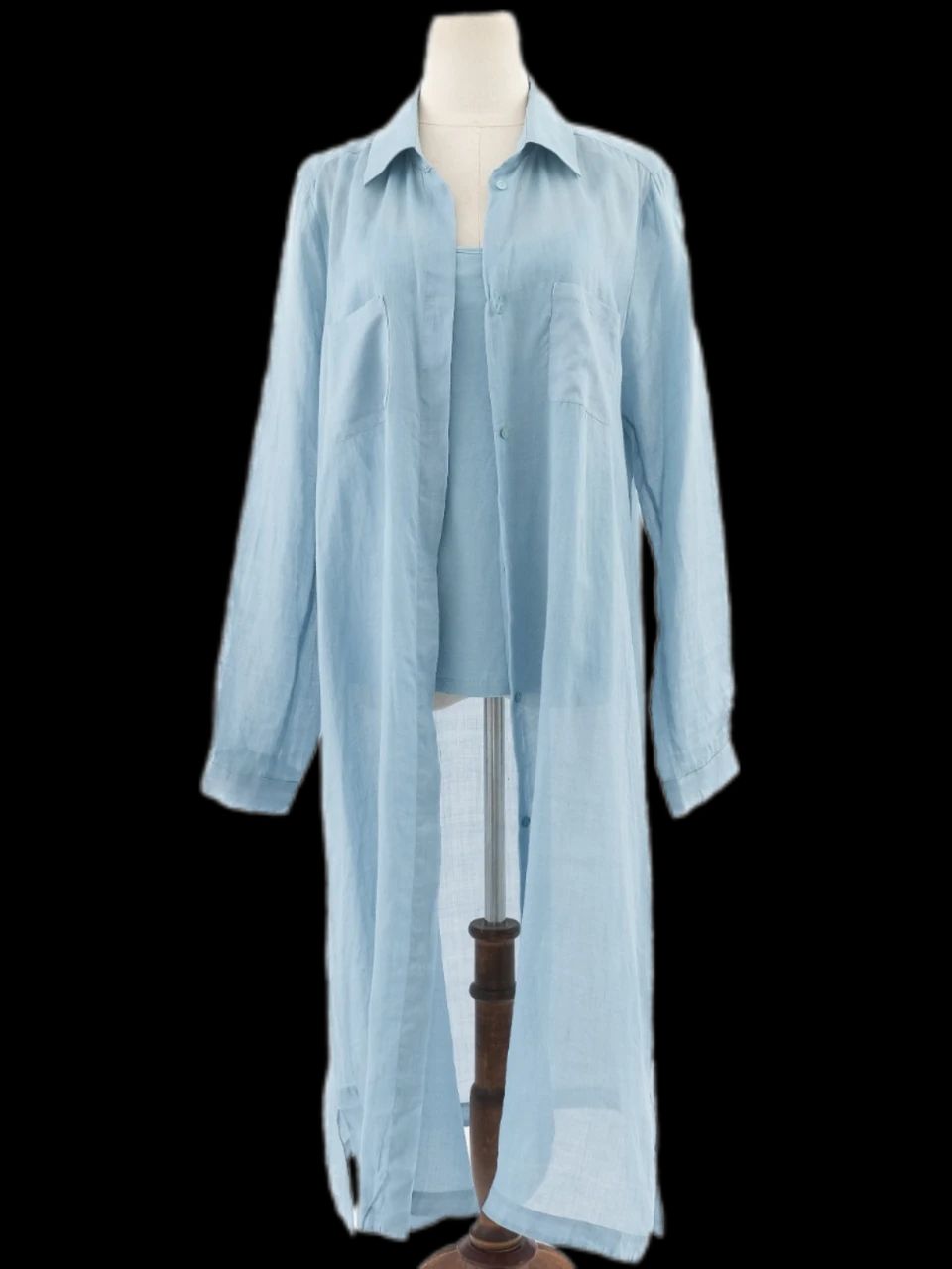 Excellent Max Mara Blue Cotton Sheer Long-Sleeved Shirt Dress