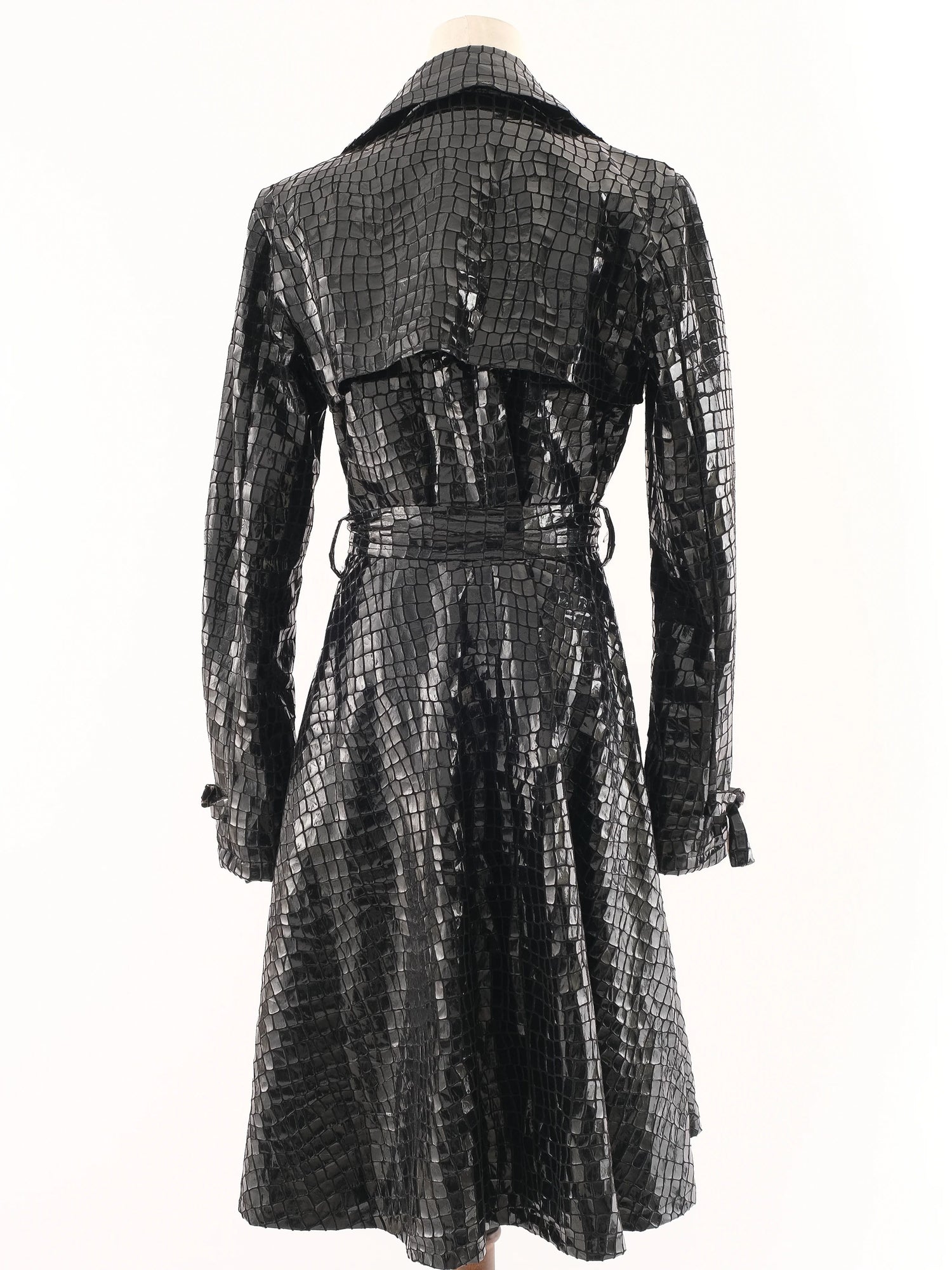 Excellent Armani Collezioni Black Crocodile-Patterned Trench Coat L