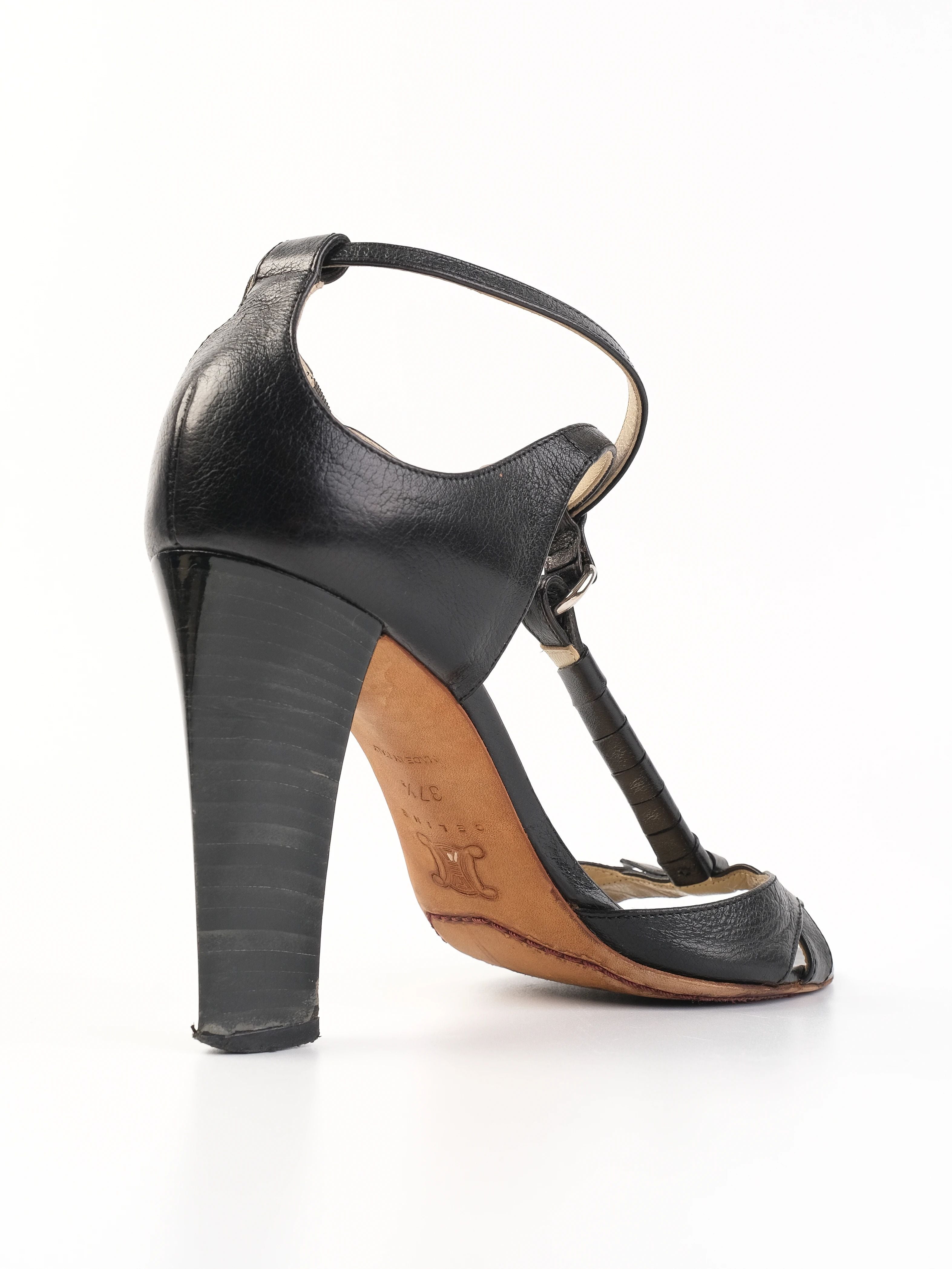 Excellent Celine Black Leather High-Heeled Sandals Size 37.5