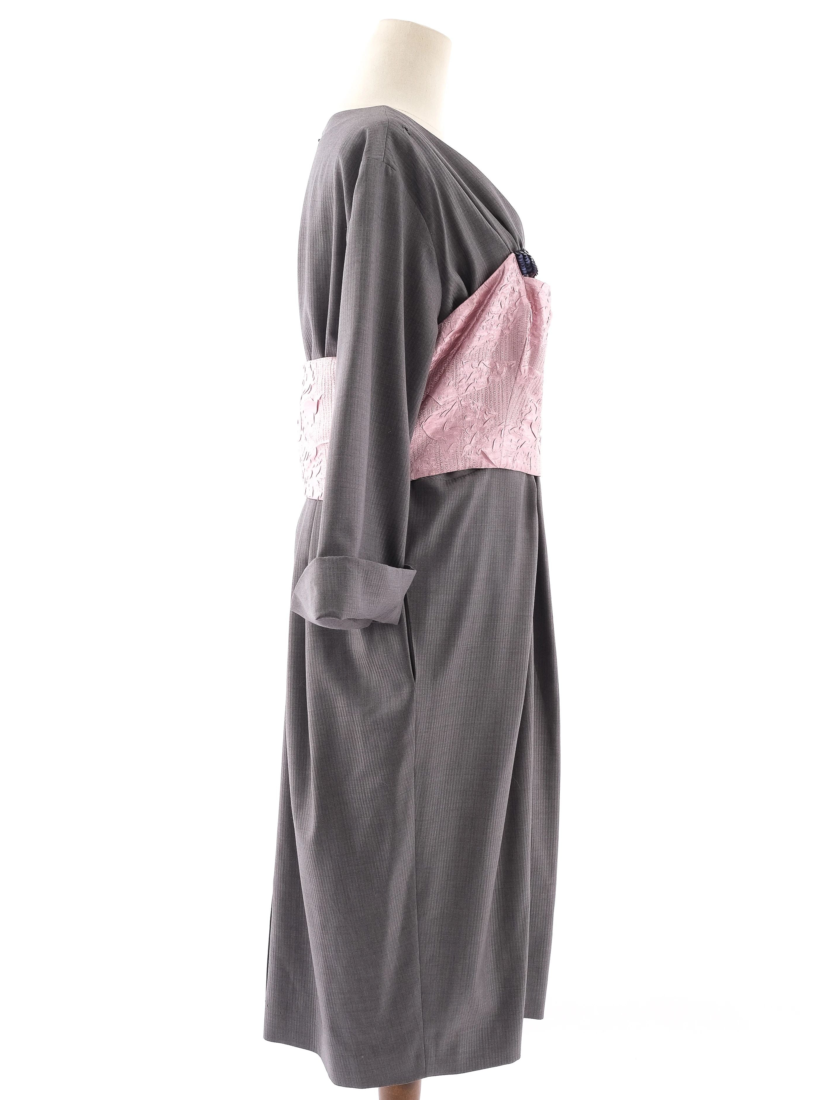 Dior Gray Wool Dress XL with Pink Kimono-Inspired Detail