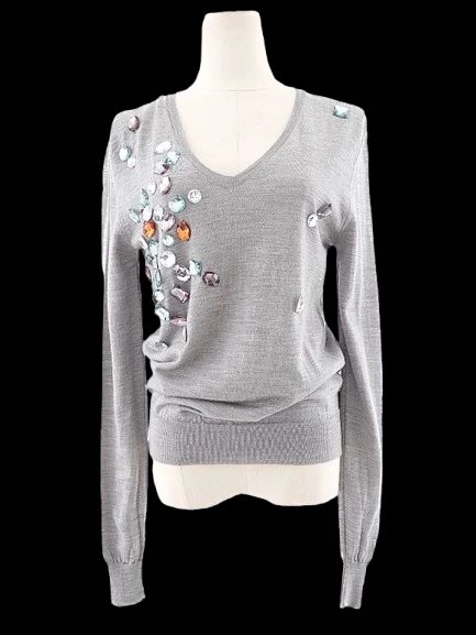 Excellent Burberry Gray Wool Sweater XS with Multicolored Embellishments