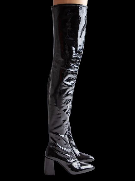 EXCELLENT Prada Black Lacquer Over-the-Knee Boots Block Heel