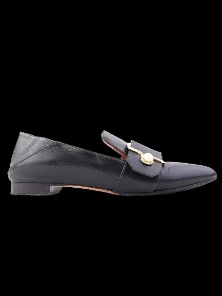 Good Bally Black Leather Loafers with Gold Buckle Size 38.5