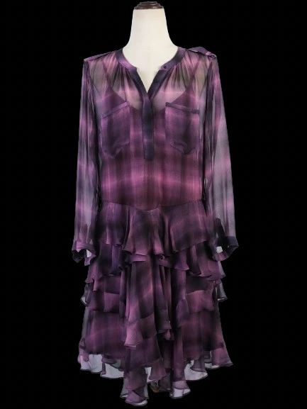 Excellent Rebecca Taylor Pink Silk Dress XL Sheer Long Sleeve V-Neck