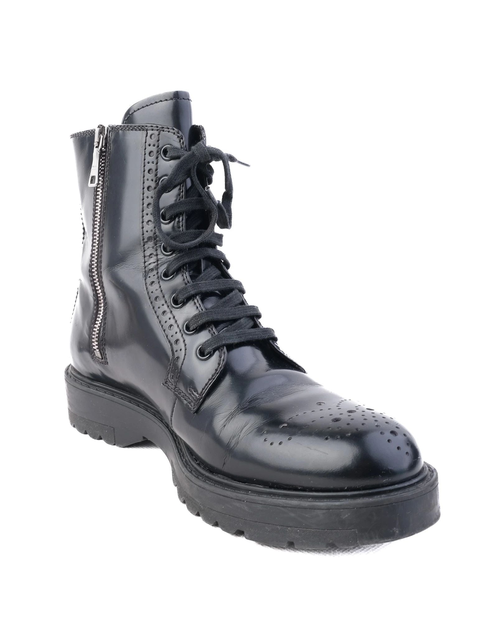 Prada Black Leather Ankle Boots with Laces & Side Zipper, Size 38