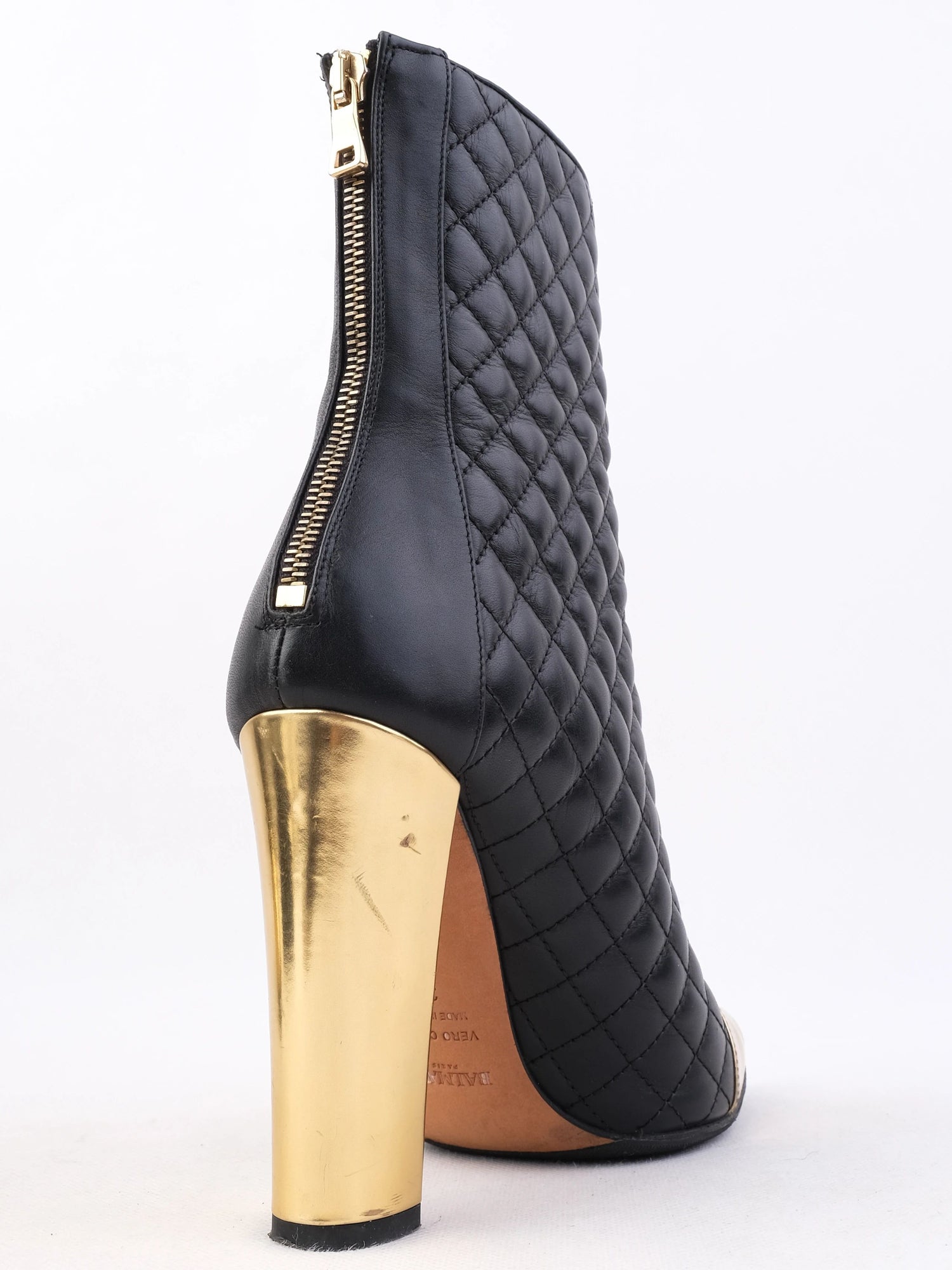 Excellent Balmain Black Leather Ankle Boots with Gold Accents, Size 39