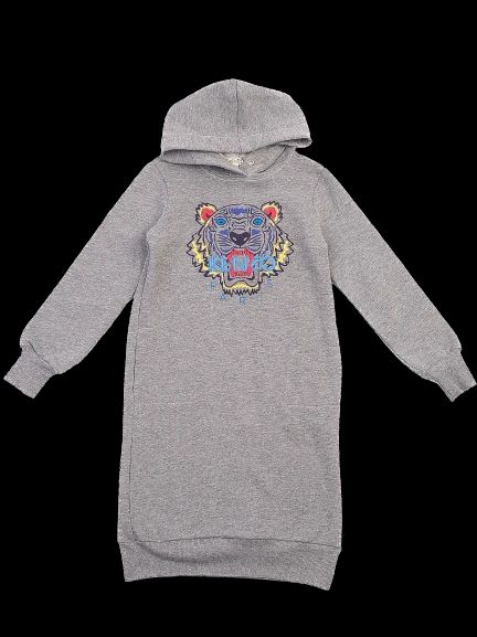 NEW Kenzo Kids Gray Hoodie Dress with Embroidered Tiger Design Size 13
