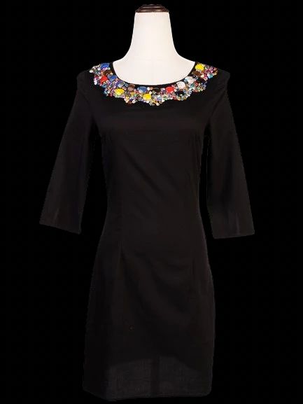 Excellent DKNY Black Cotton Dress XS with Colorful Embellished Neckline