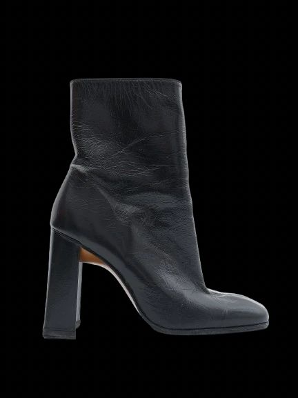 Excellent Black Leather Ankle Boots Square Heels Size 36