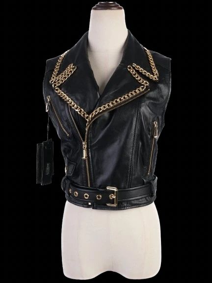 NEW Phillipp Plein Black Leather Vest M with Gold Chain Accents
