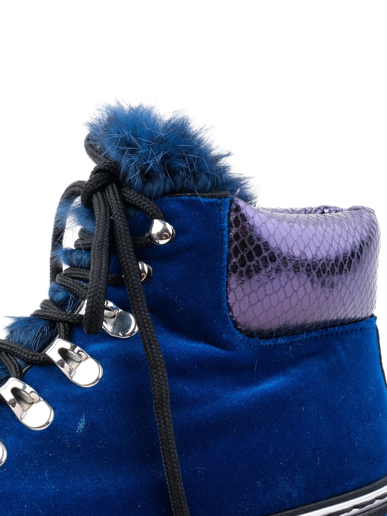 Perfect Pollini Blue Velvet Boots with Fur Trim Size 37