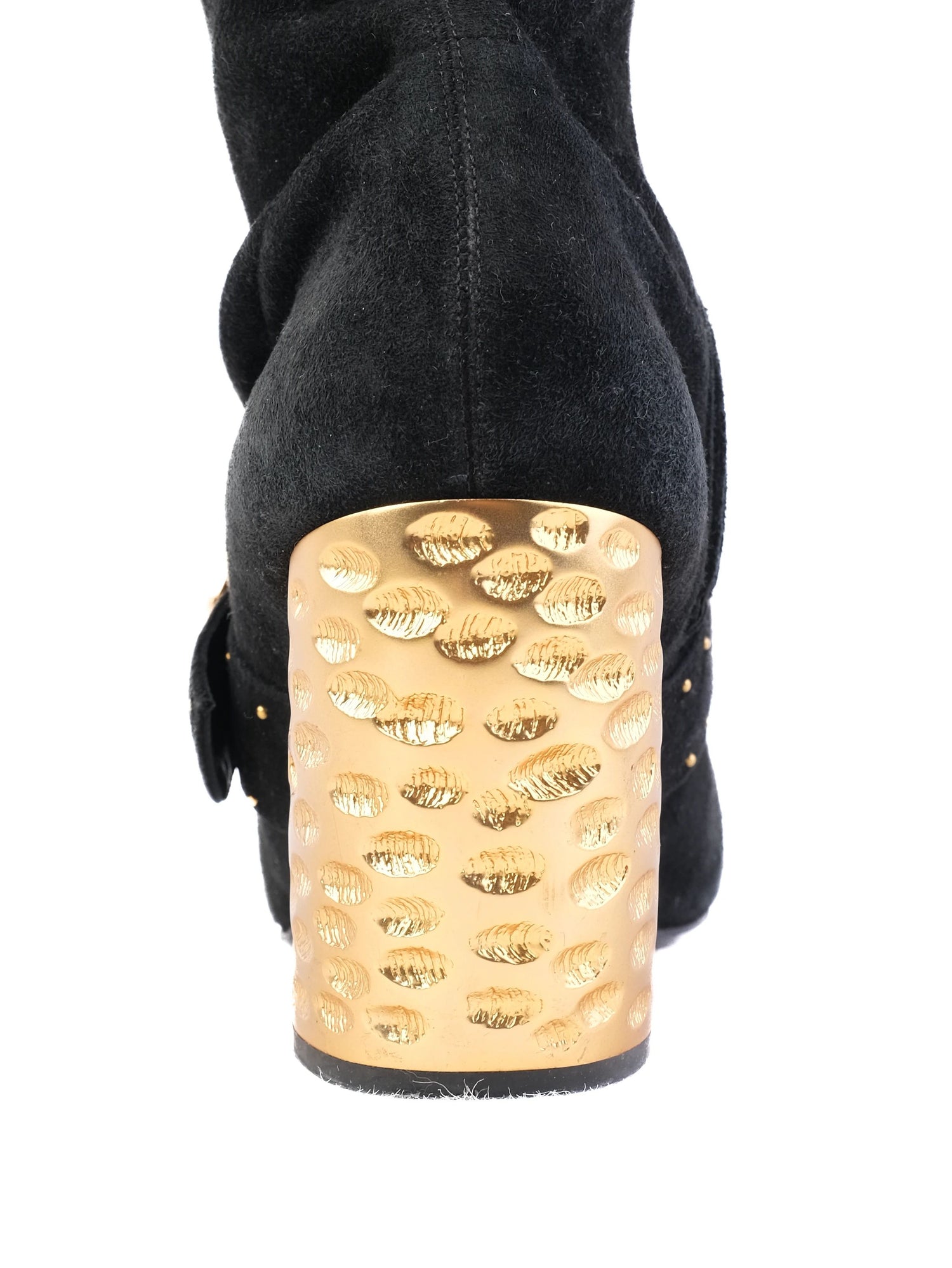 Excellent Prada Black Leather Thigh-High Boots Size 40 with Gold Accents