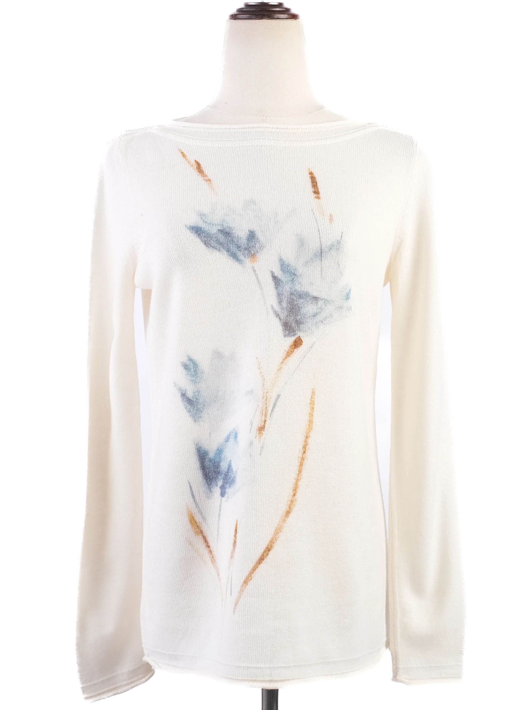 Excellent Loro Piana White Cashmere Sweater Size S Floral Design