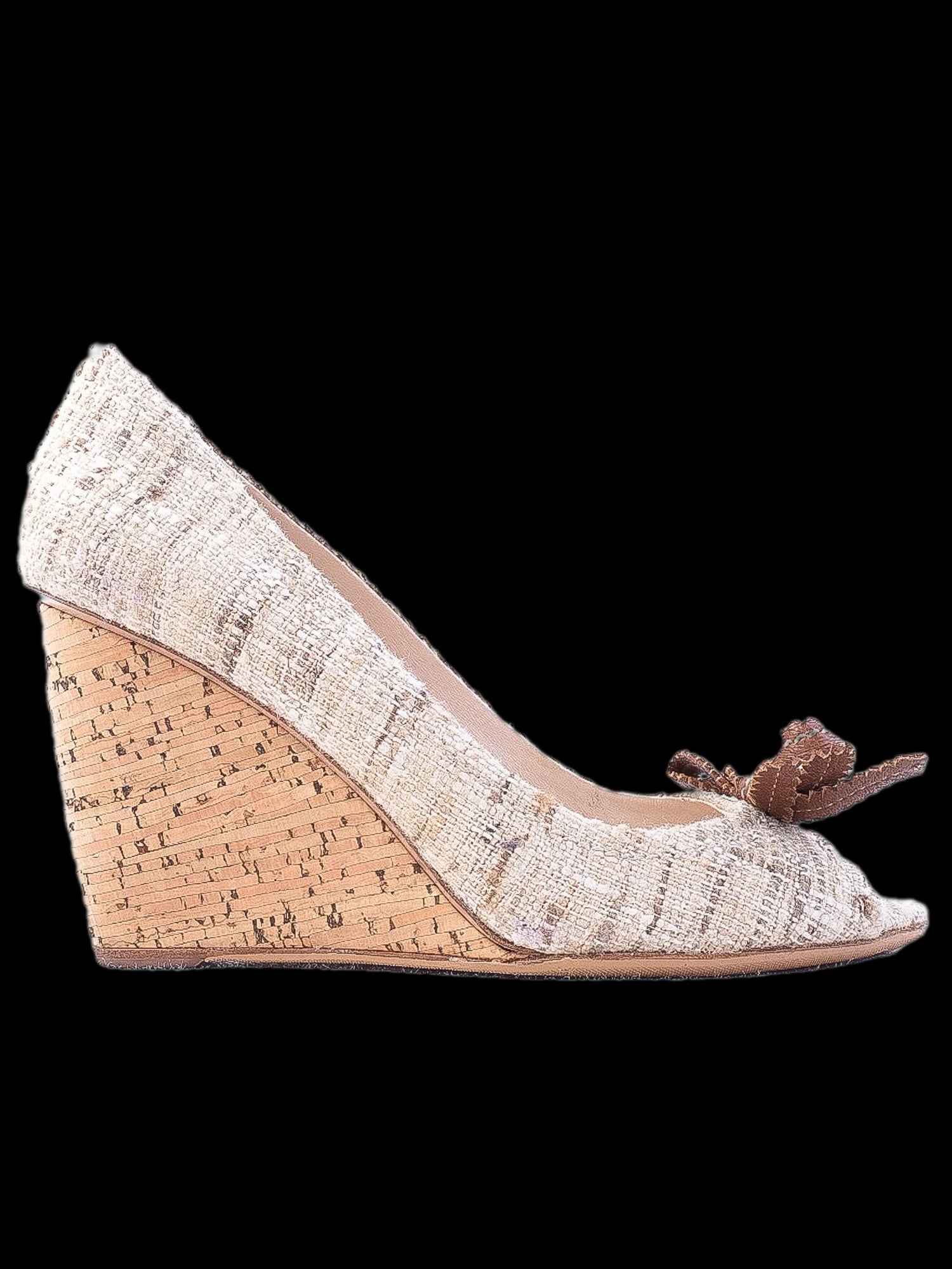 Excellent Prada White Textile Wedge Heels Size 38 with Bow