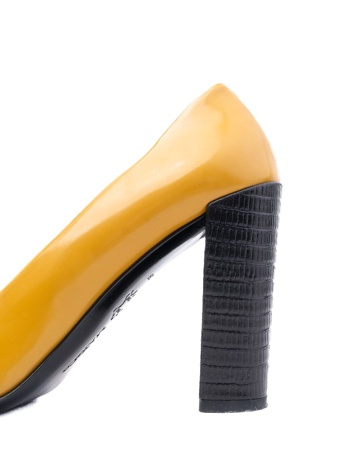 Excellent MaxCo Yellow Leather High-Heeled Shoes with Chunky Black Heel