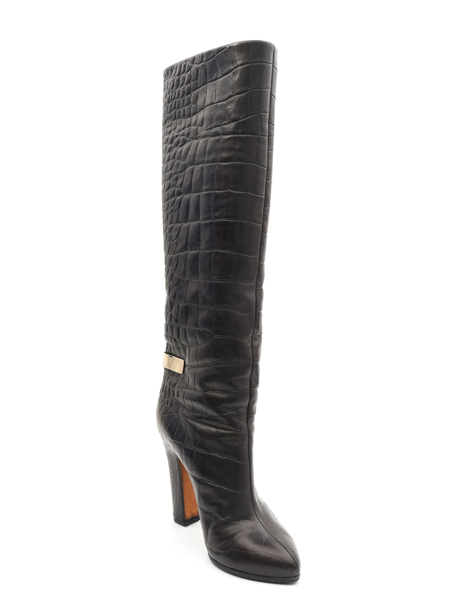 NEW Givenchy Black Leather Knee-High Boots with Gold Buckle Size 37.5