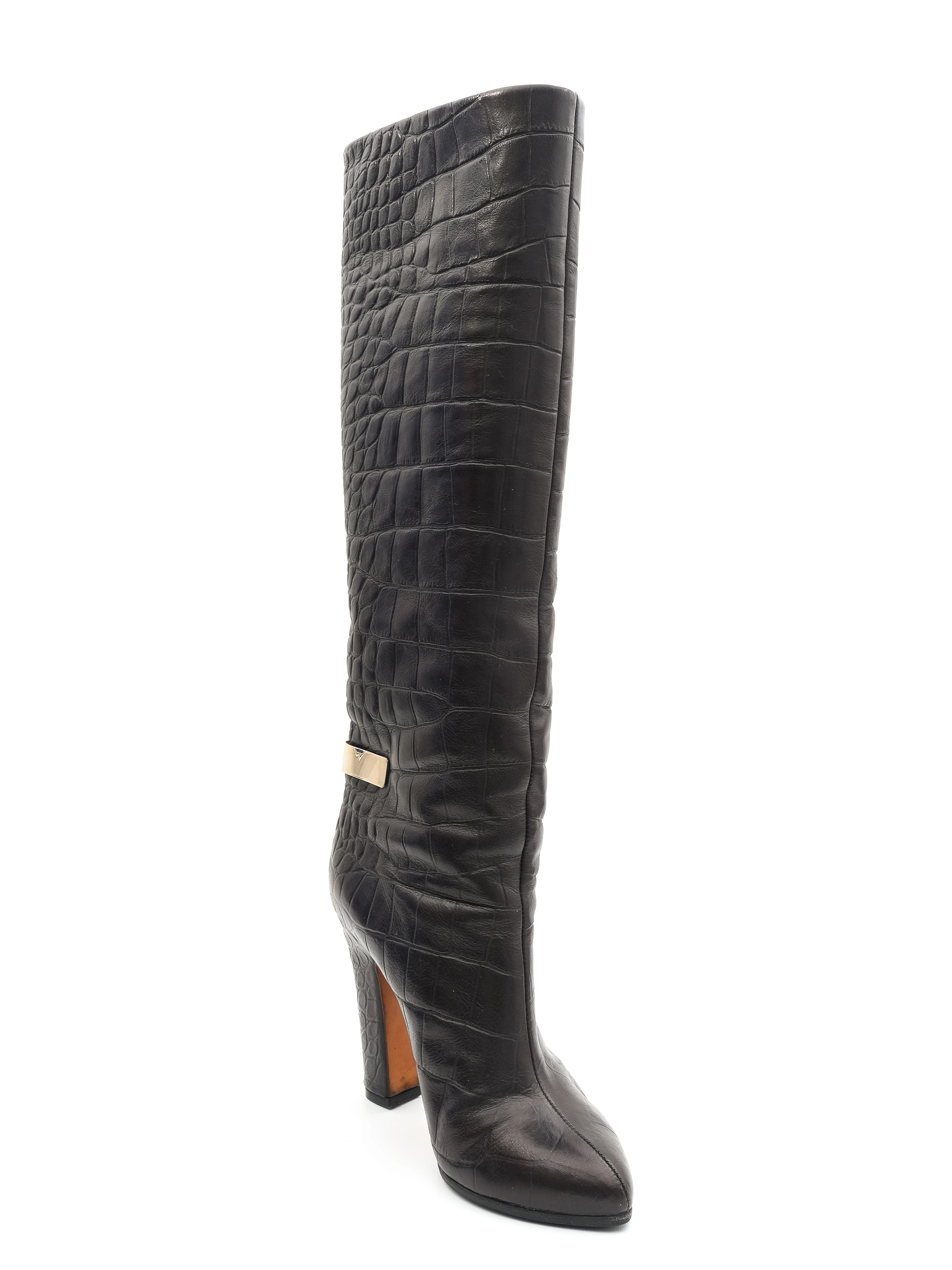 NEW Givenchy Black Leather Knee-High Boots with Gold Buckle Size 37.5