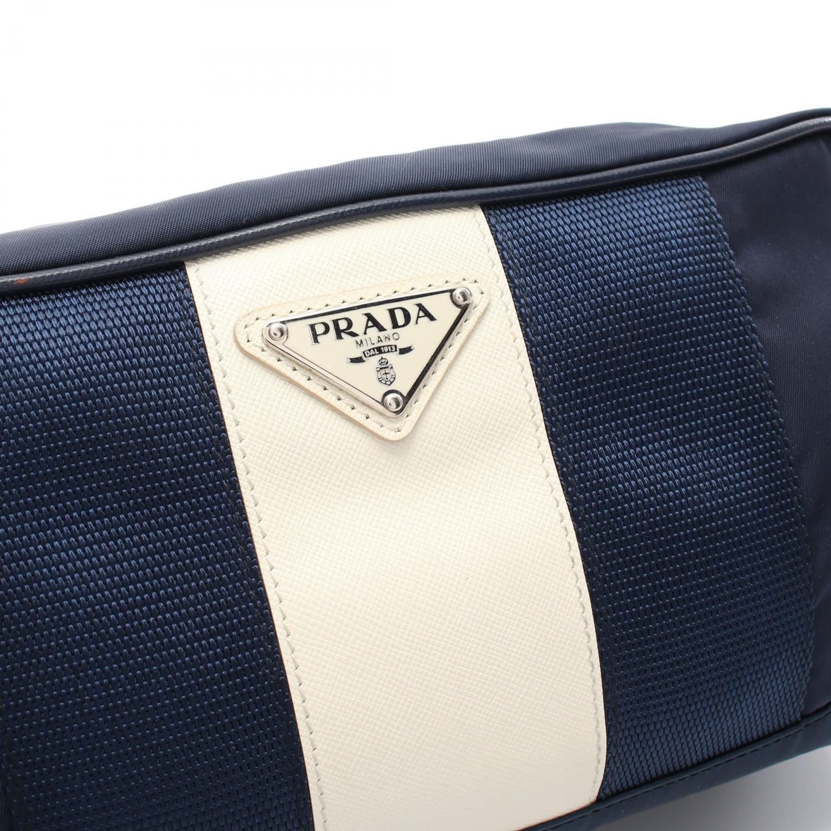 Prada Clutch Nylon Saffiano Leather Navy Beige