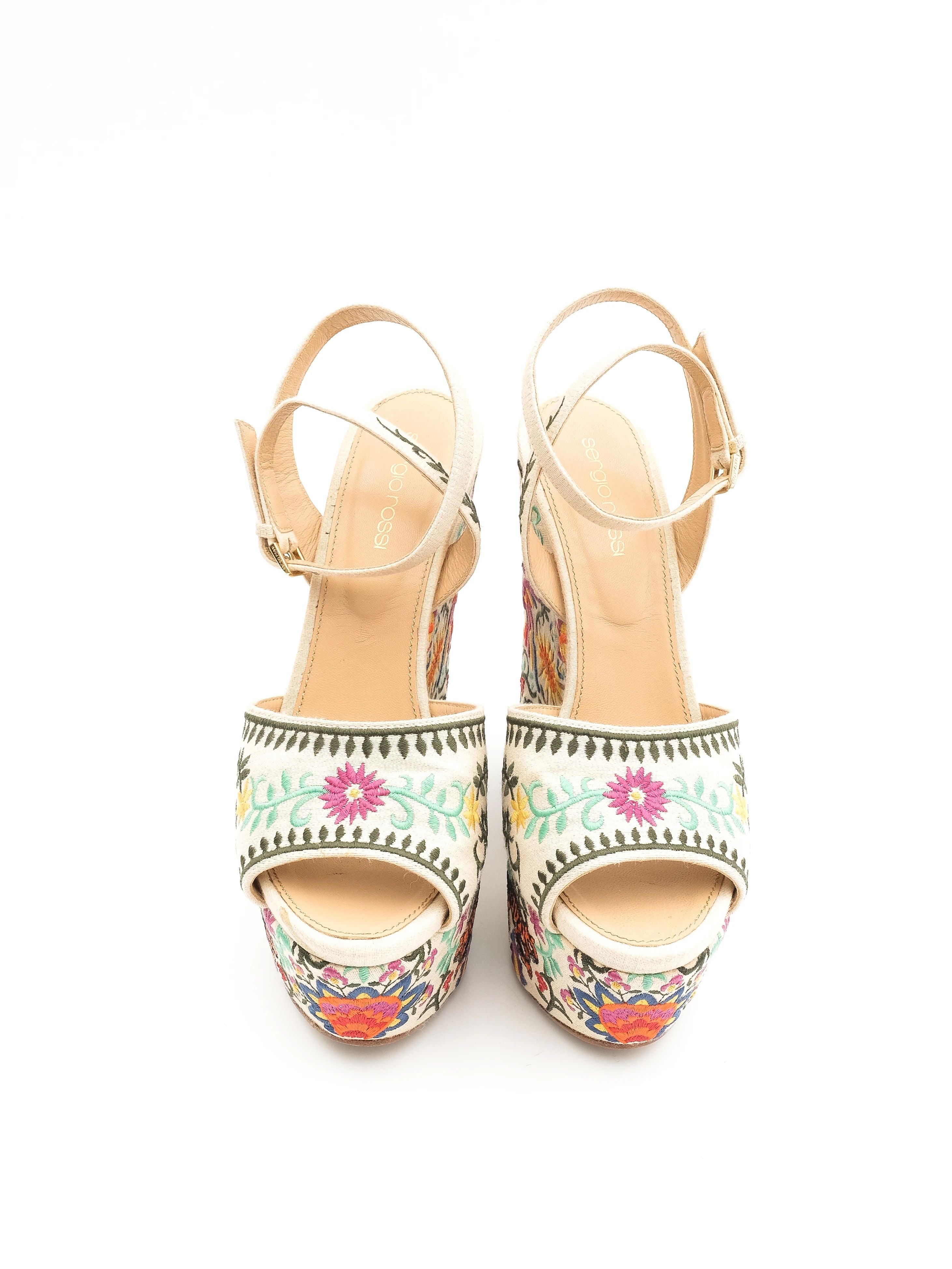 Excellent Sergio Rossi Platform Sandals Floral Embroidered Size 38