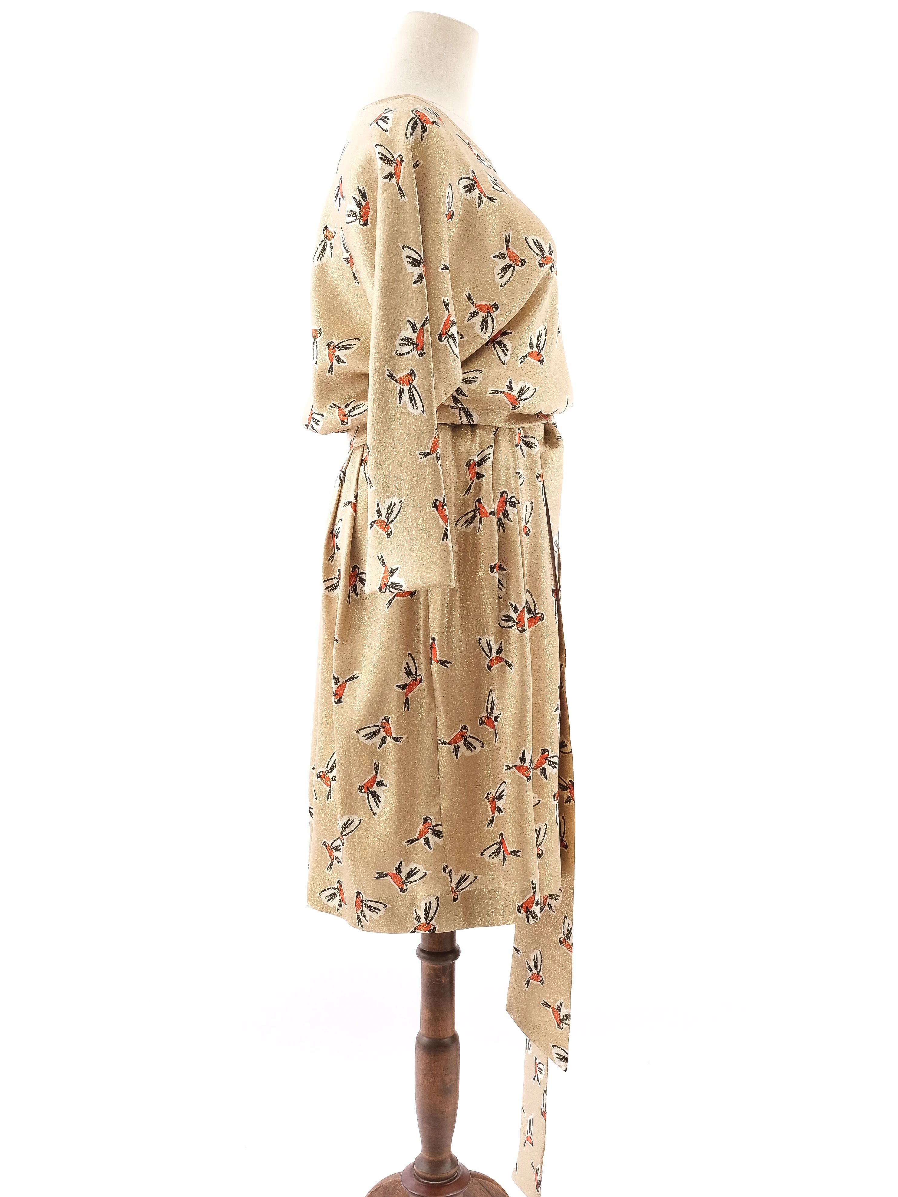 Excellent Alexander Terekhov Yellow Silk Dress with Bird Pattern