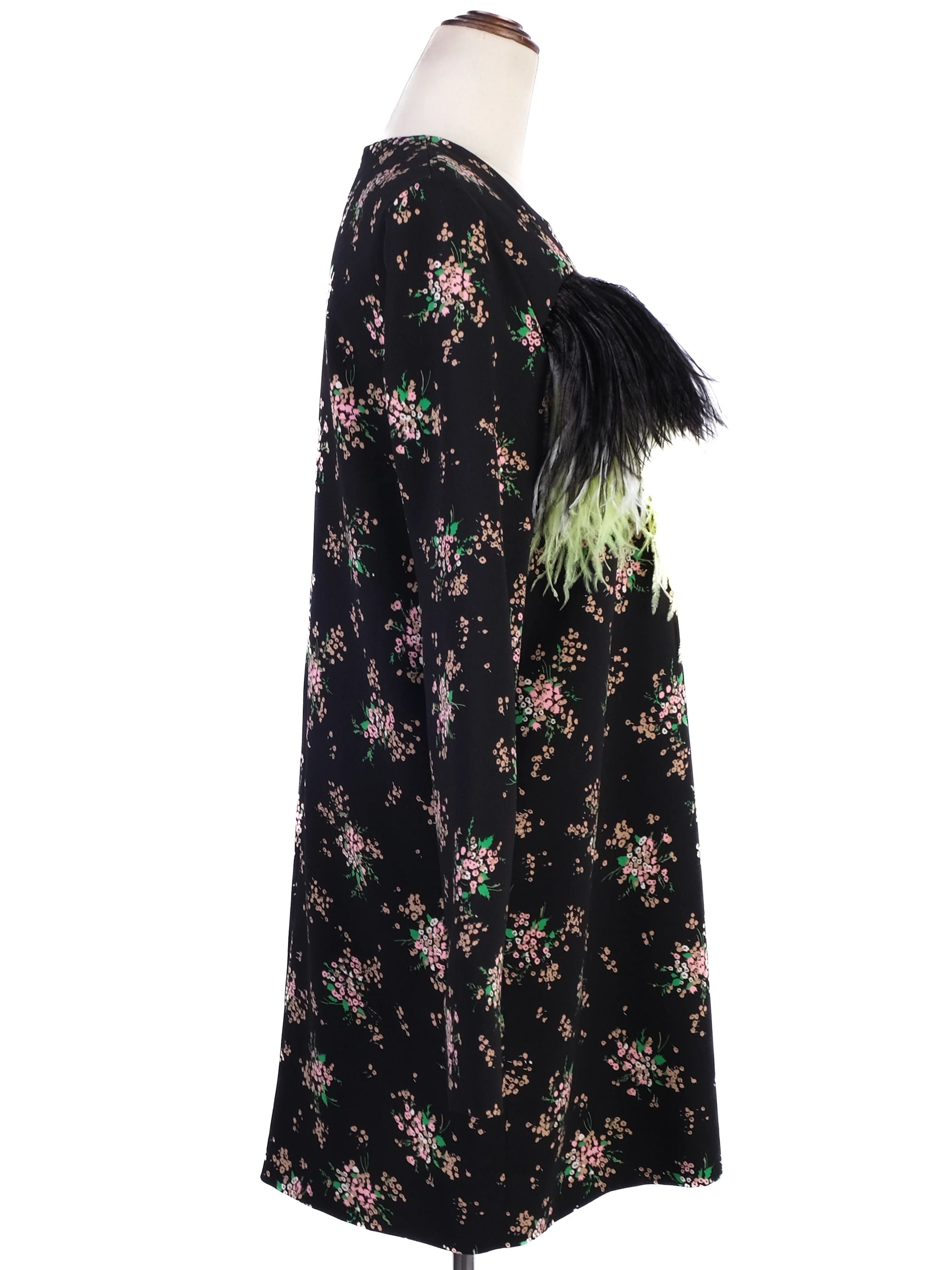 Excellent MSGM Black Floral Dress with Feather Embellishments Size XL