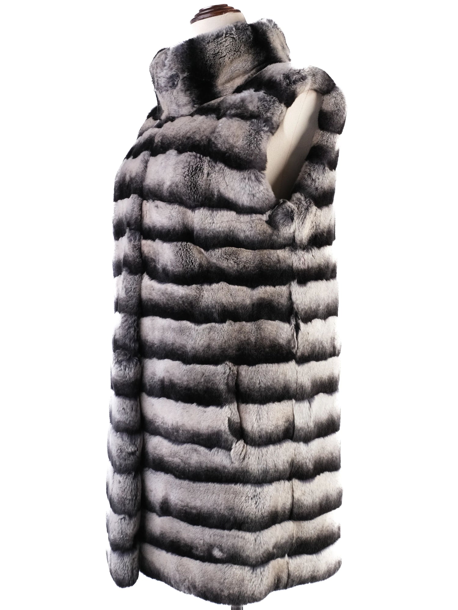 Excellent Shaky Fur Vest Black Gray Striped Pattern Size XS