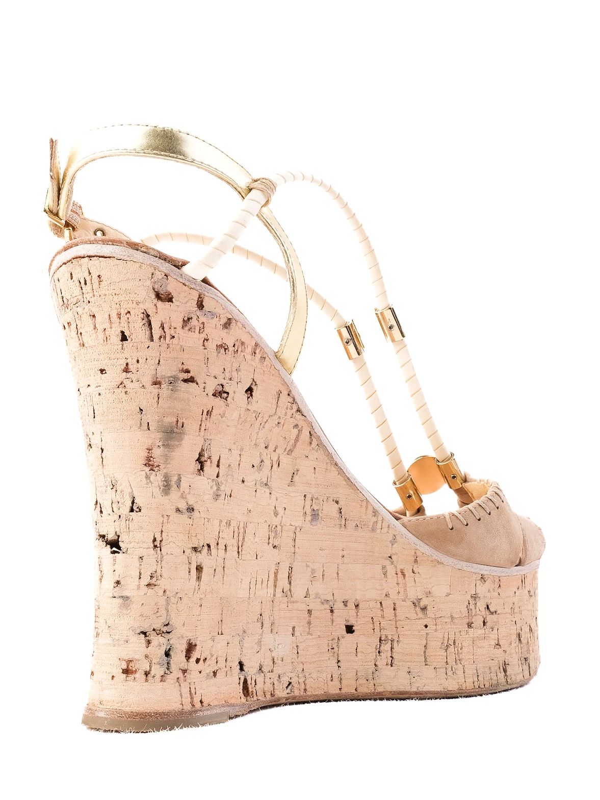 Excellent Fabi White Leather Cork Wedge Sandals Size 38 with Gold Accents