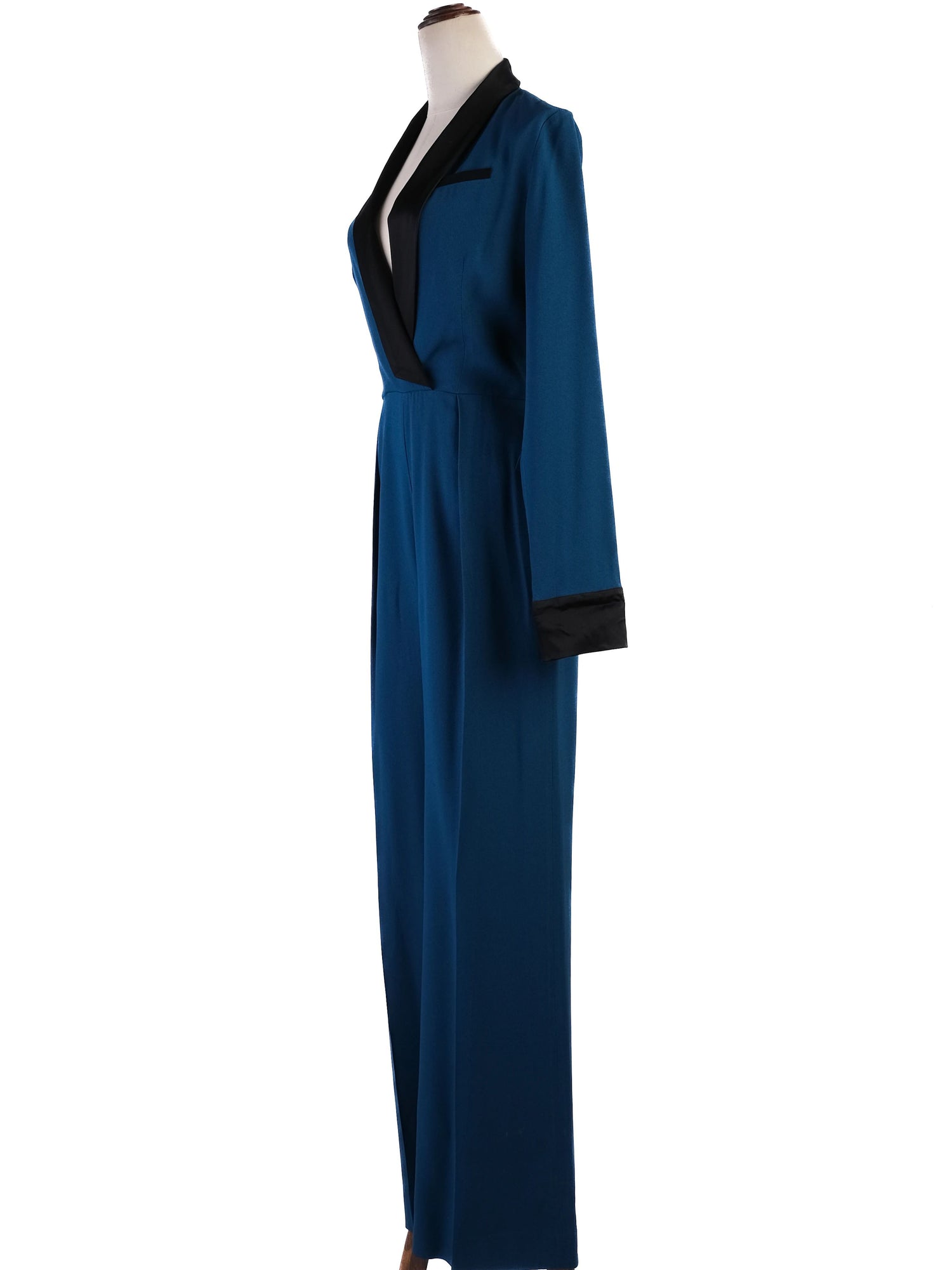 Excellent Rachel Zoe Teal Jumpsuit XS with Black Lapels & Cuffs
