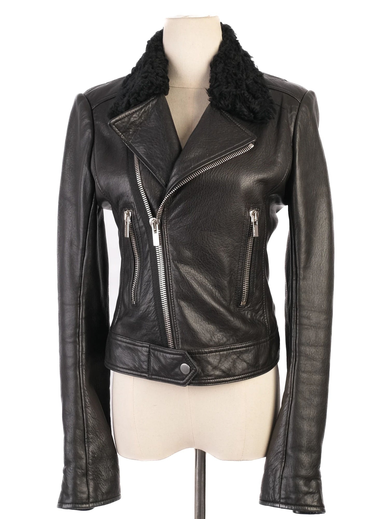 Excellent Balenciaga Black Leather Jacket with Shearling Collar, Size S