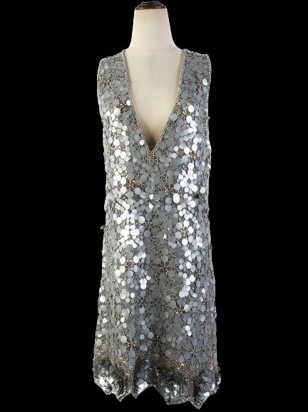 Excellent Gray Silk Sleeveless Dress with Sequin Embellishments