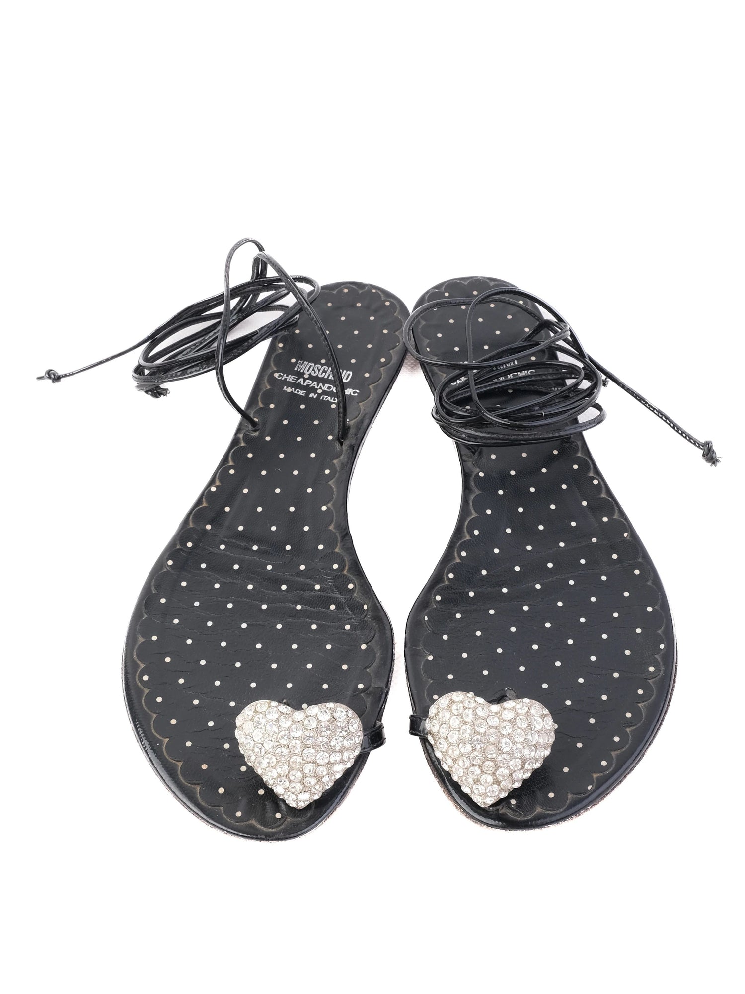 Excellent Moschino Black Leather Sandals Size 37 with Heart Embellishment