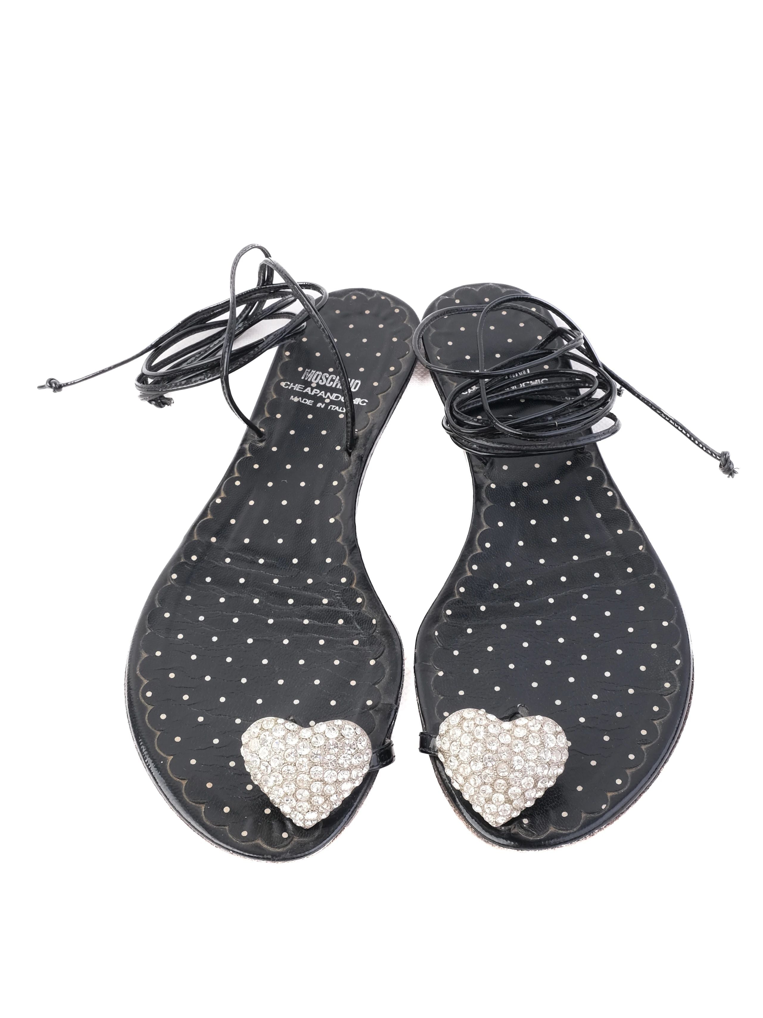 Excellent Moschino Black Leather Sandals Size 37 with Heart Embellishment