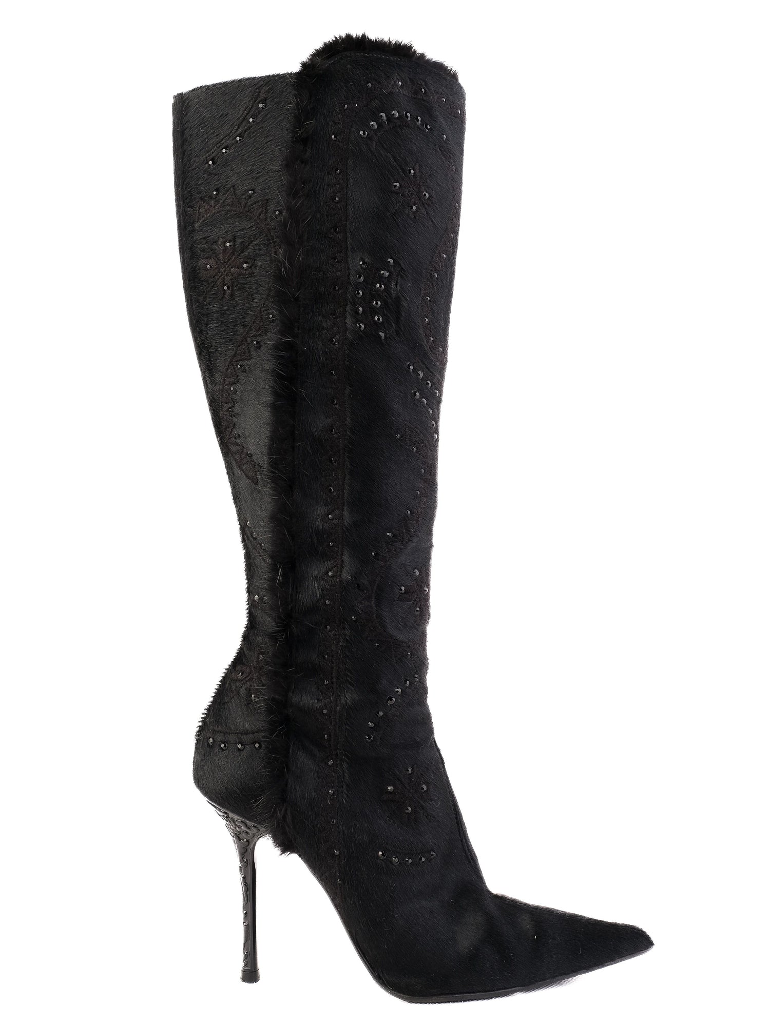 Excellent Lesilla Black Knee-High Stiletto Boots with Fur-Like Texture