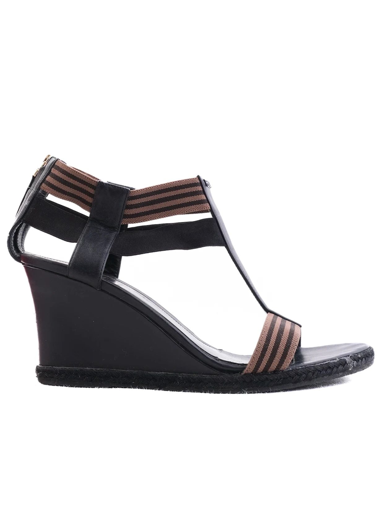 Perfect Fendi Black Leather Wedge Sandals with T-Strap Design