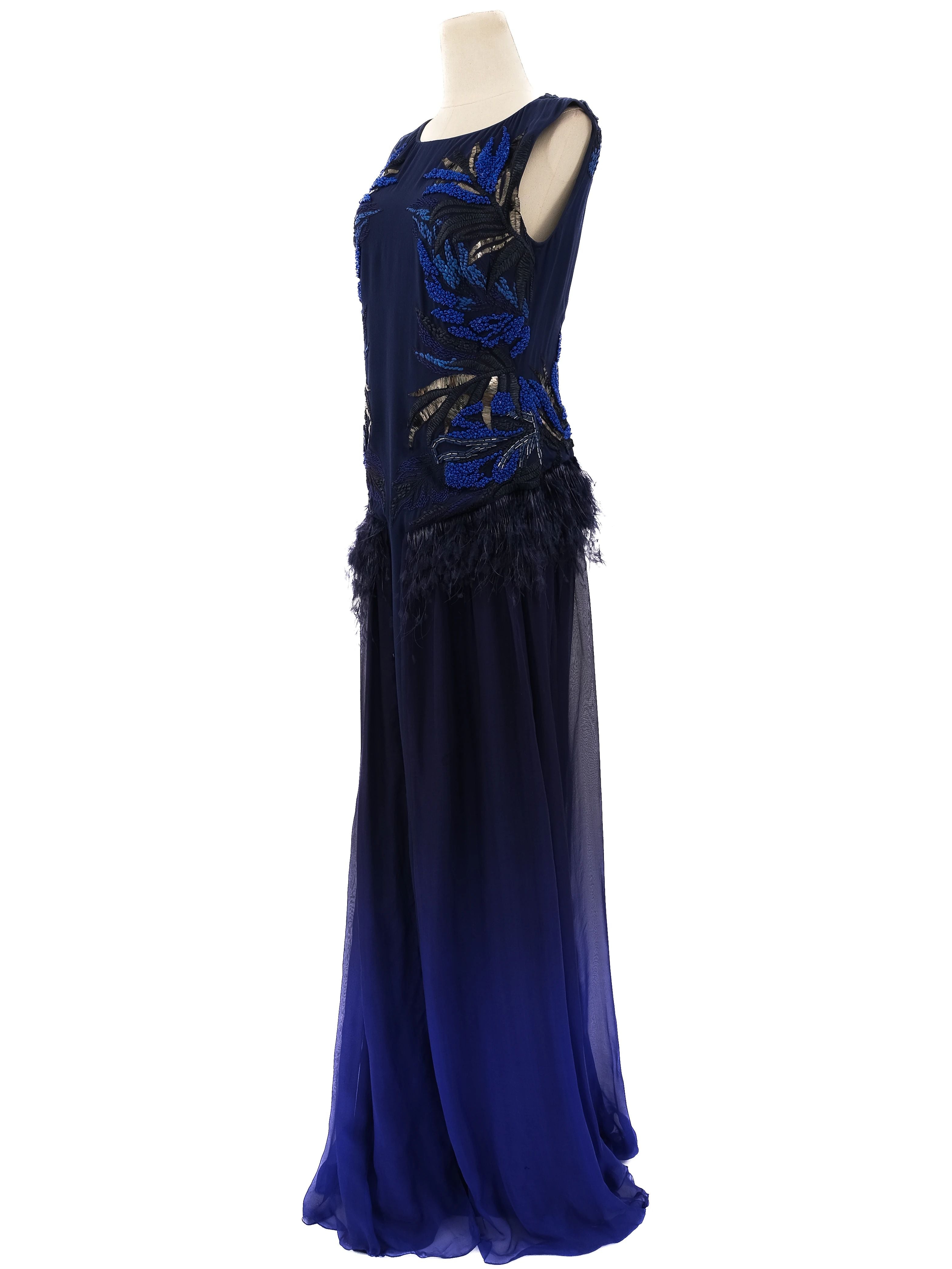 Excellent Dark Blue Silk Gown with Floral Embellishments