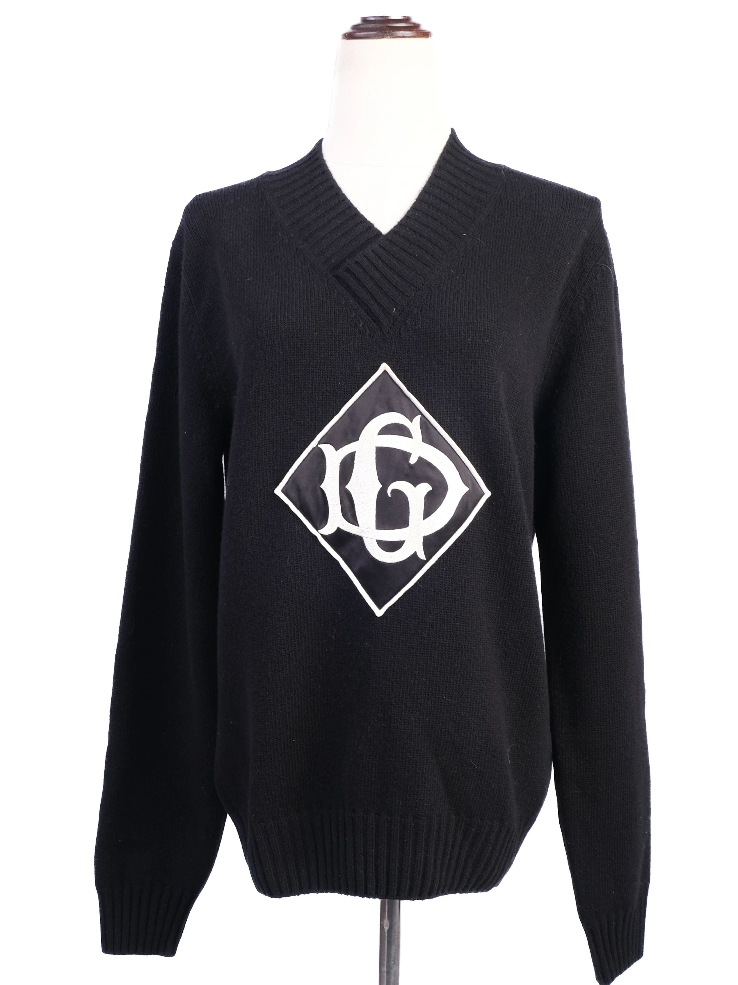 Excellent Dolce Gabbana Black Wool V-Neck Sweater with Logo