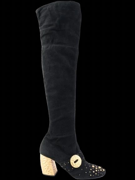 Excellent Prada Black Leather Thigh-High Boots Size 40 with Gold Accents