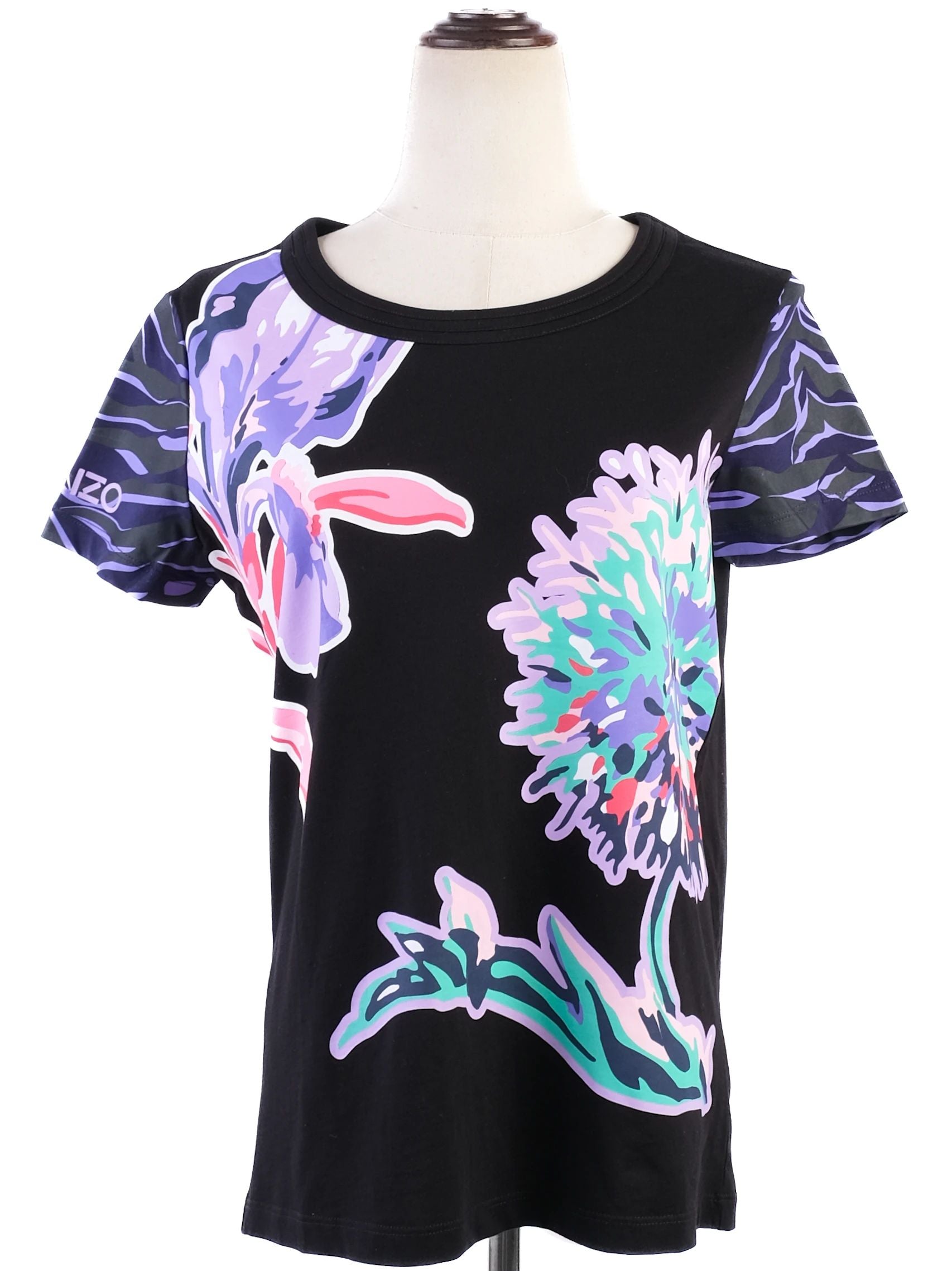 Excellent Kenzo Black Cotton T-Shirt with Colorful Floral Design, XS