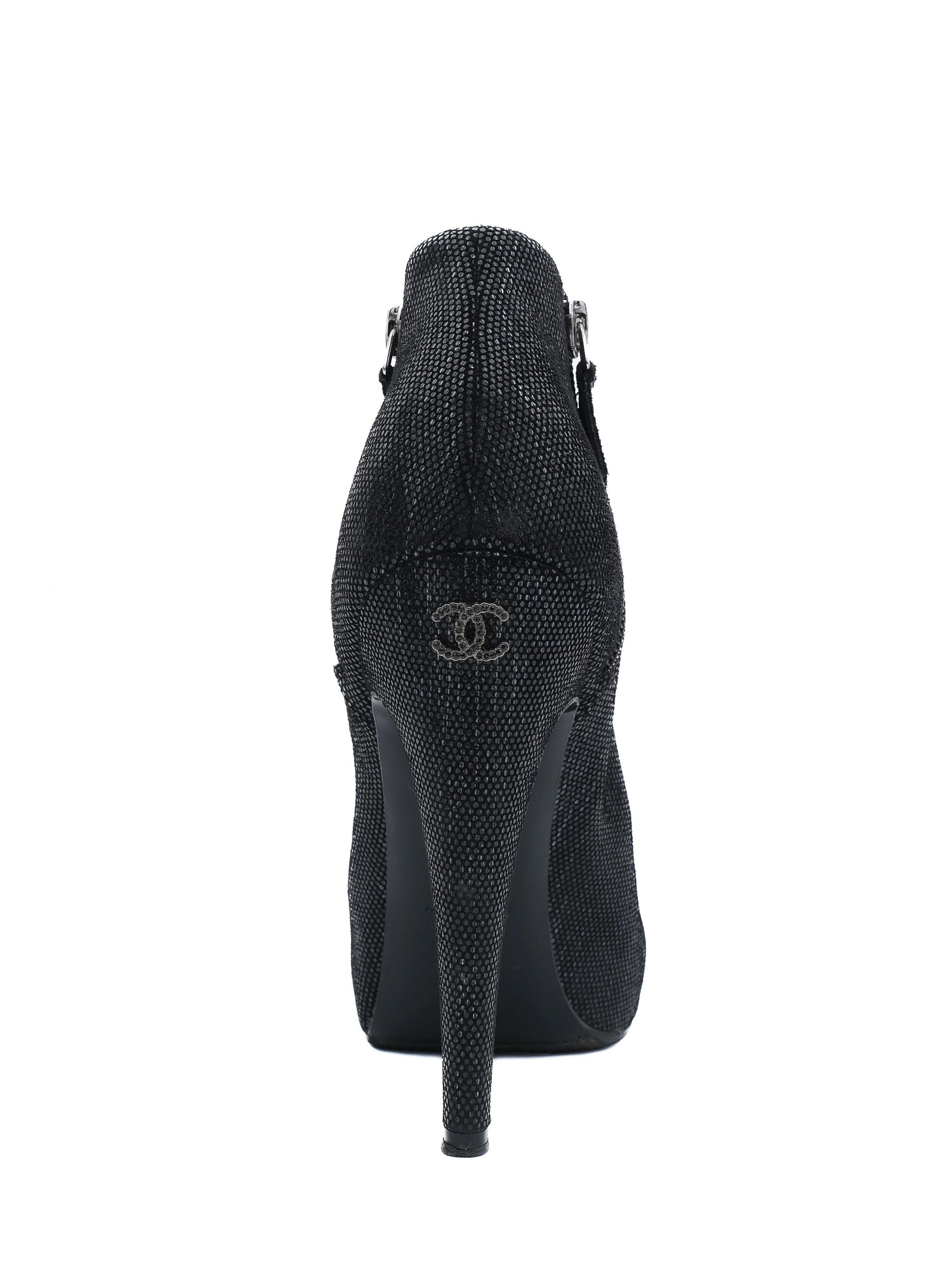 Excellent Chanel Black High-Heeled Ankle Boots Size 38.5 Textile