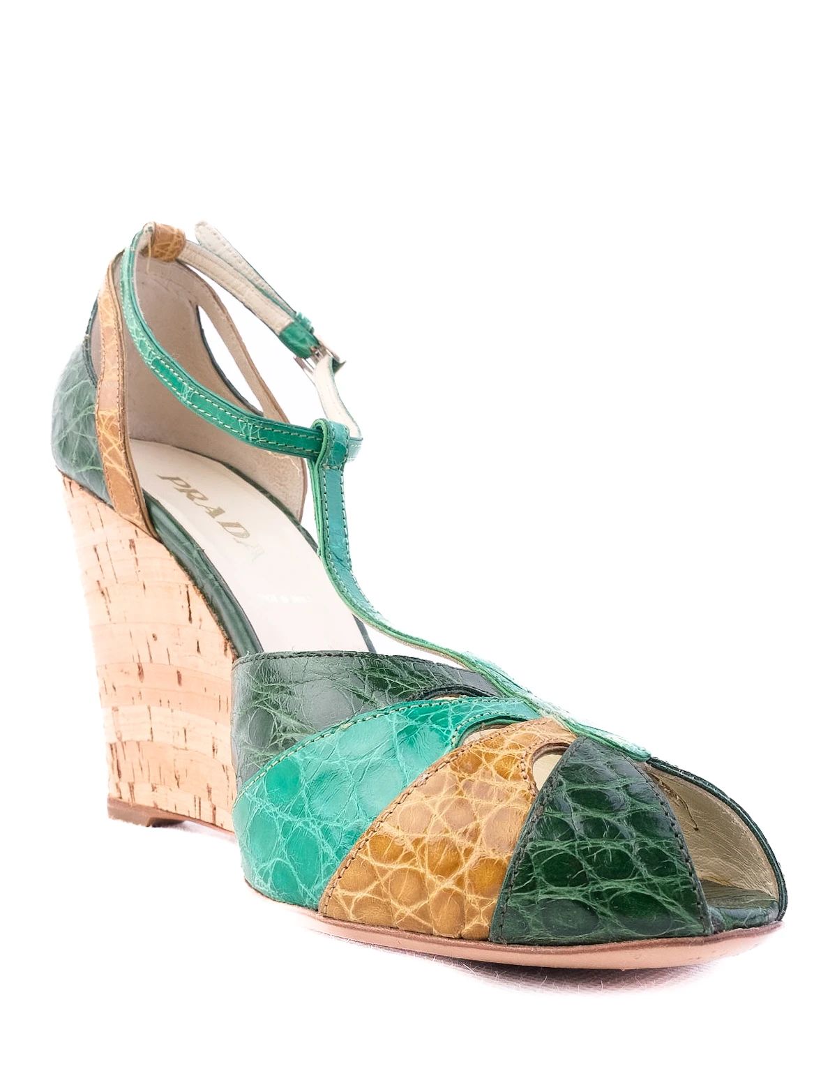 Excellent Prada Green Leather Wedge-heeled Sandals Size 38