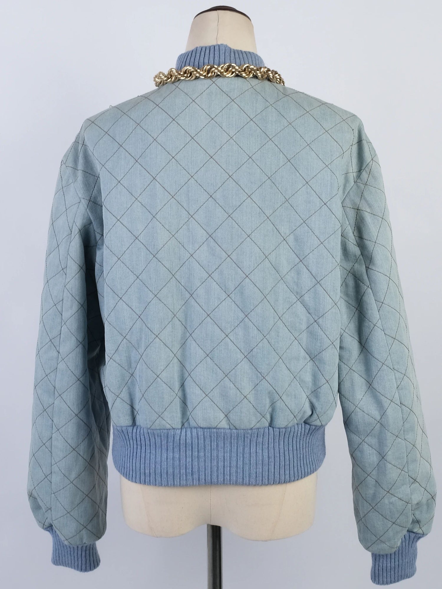Excellent Moschino Blue Quilted Denim Jacket & Skirt Set