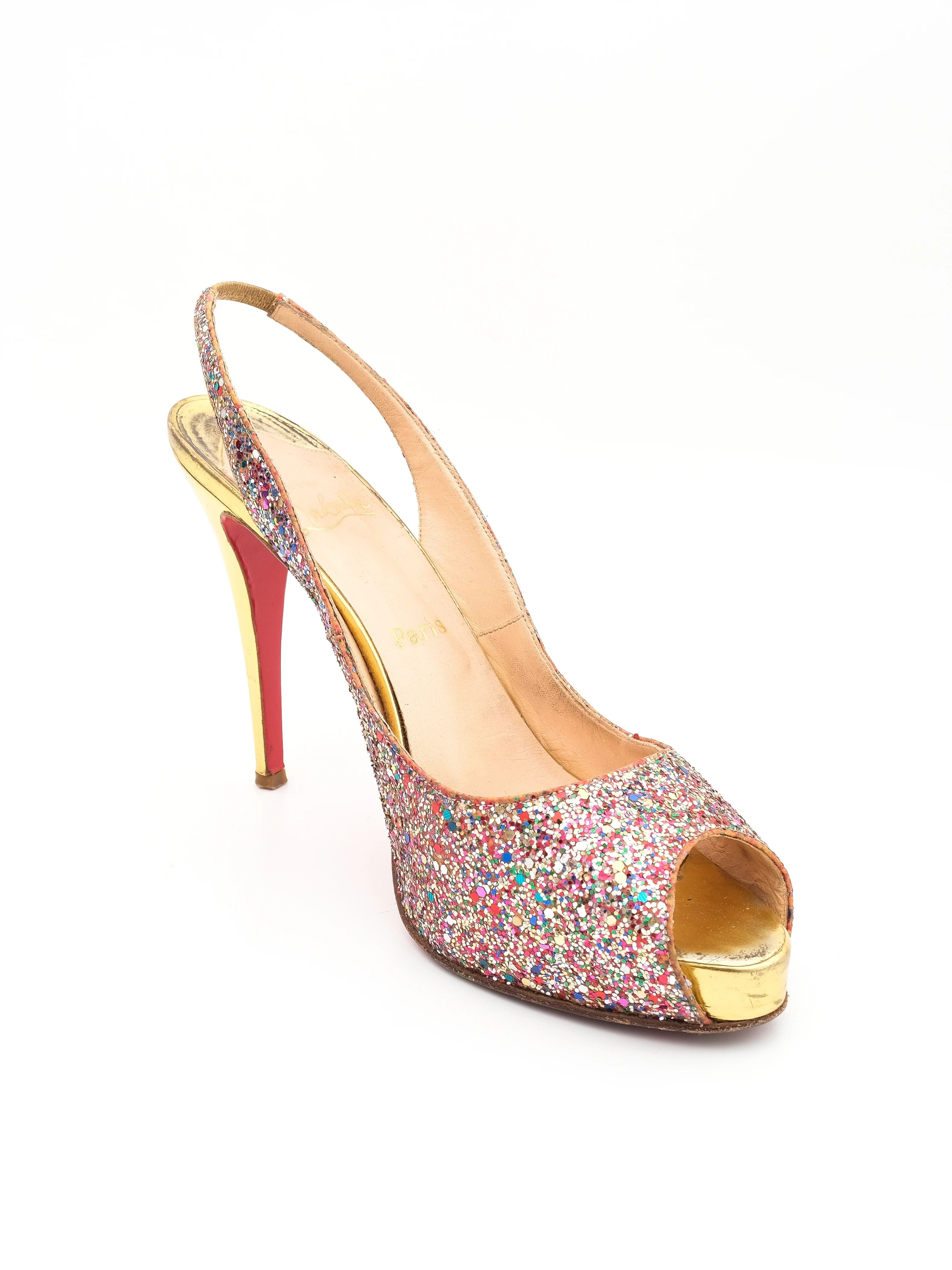 Good Condition Christian Louboutin Glitter Slingback Peep-Toe Heels Size 40