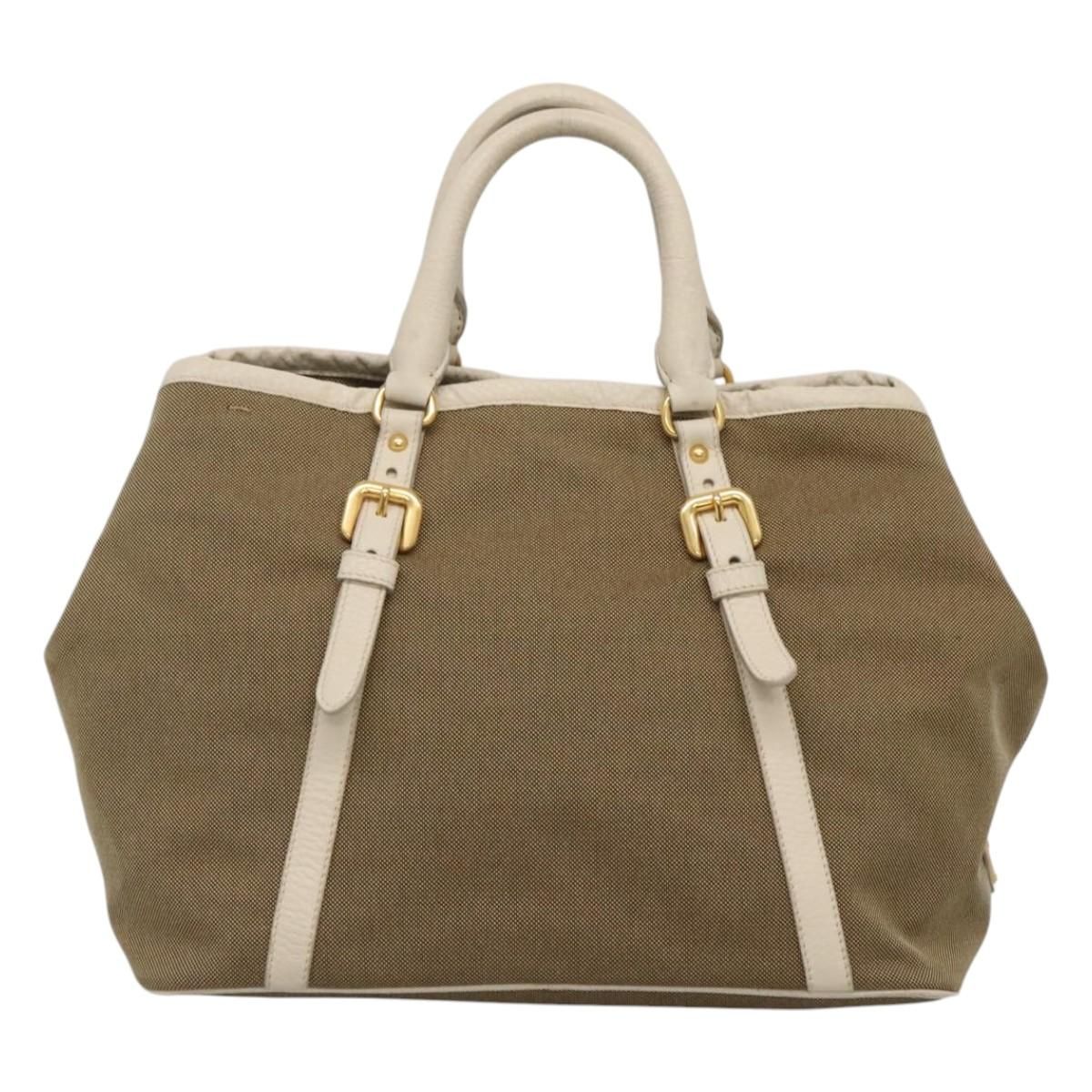 Prada Hand Bag Canvas Beige White Gold Auth