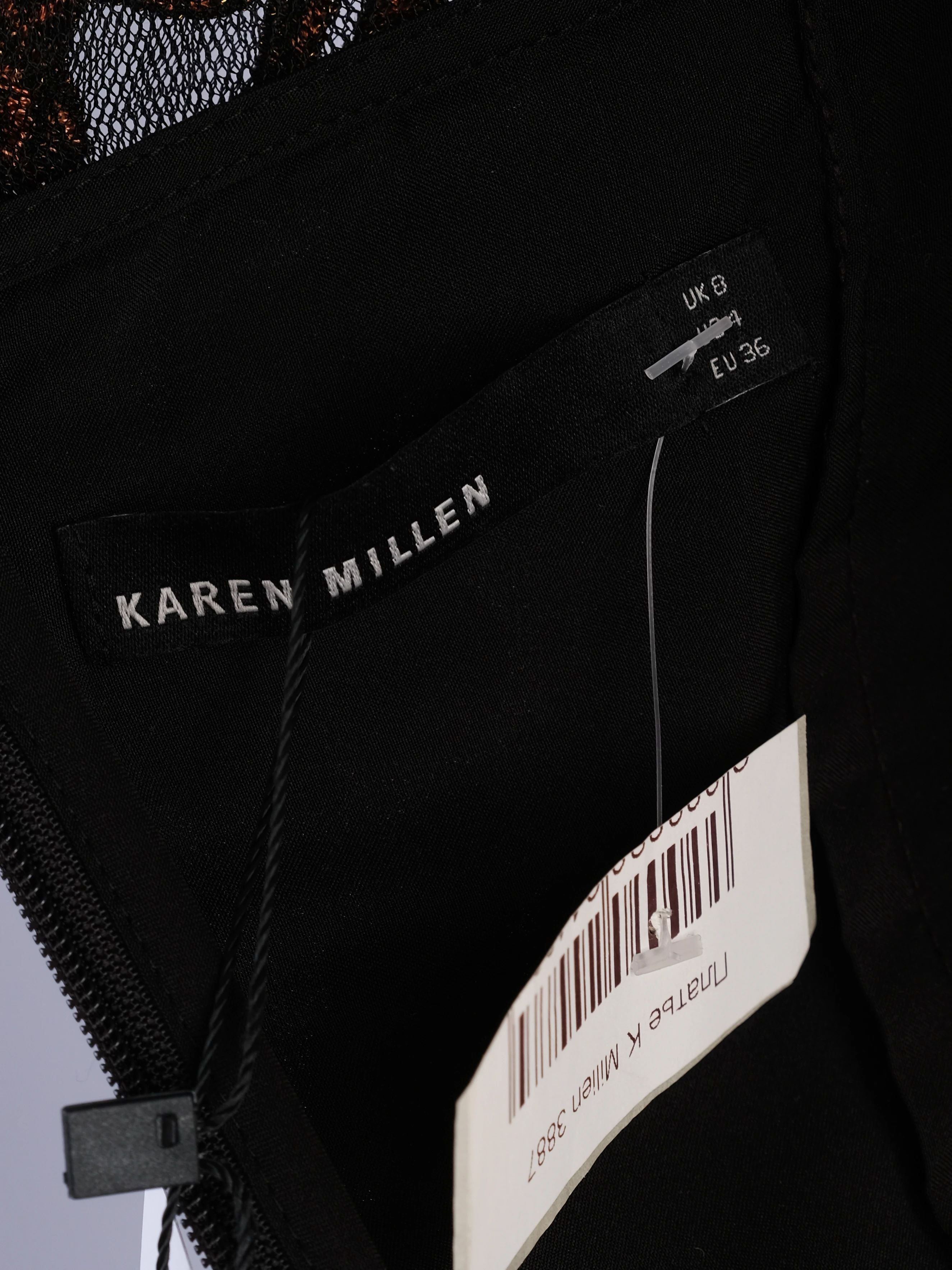 Excellent Karen Millen Black Dress Orange Floral Embroidery Size S