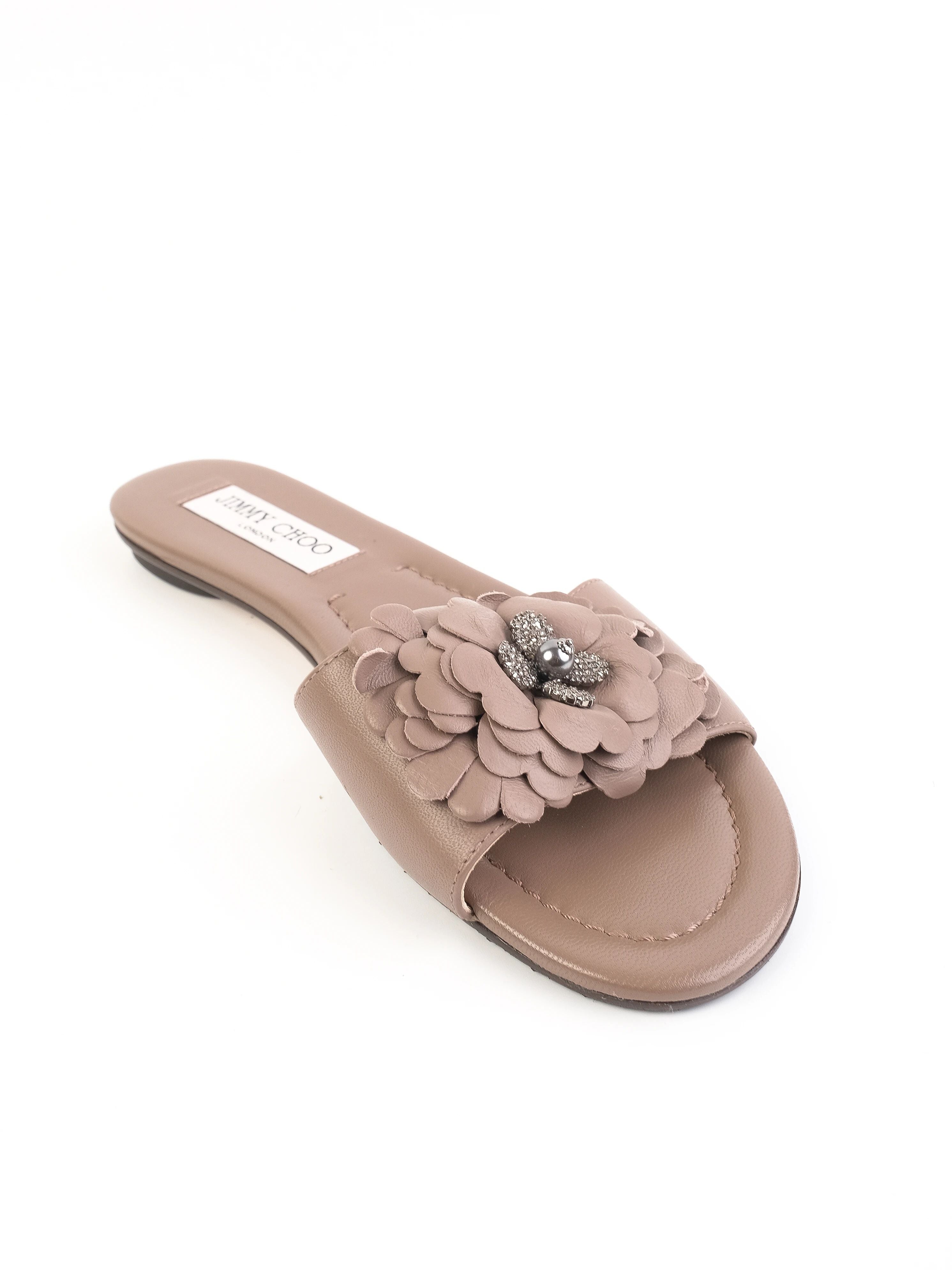 Excellent Jimmy Choo Gray Leather Flat Sandals Size 37 Floral Design