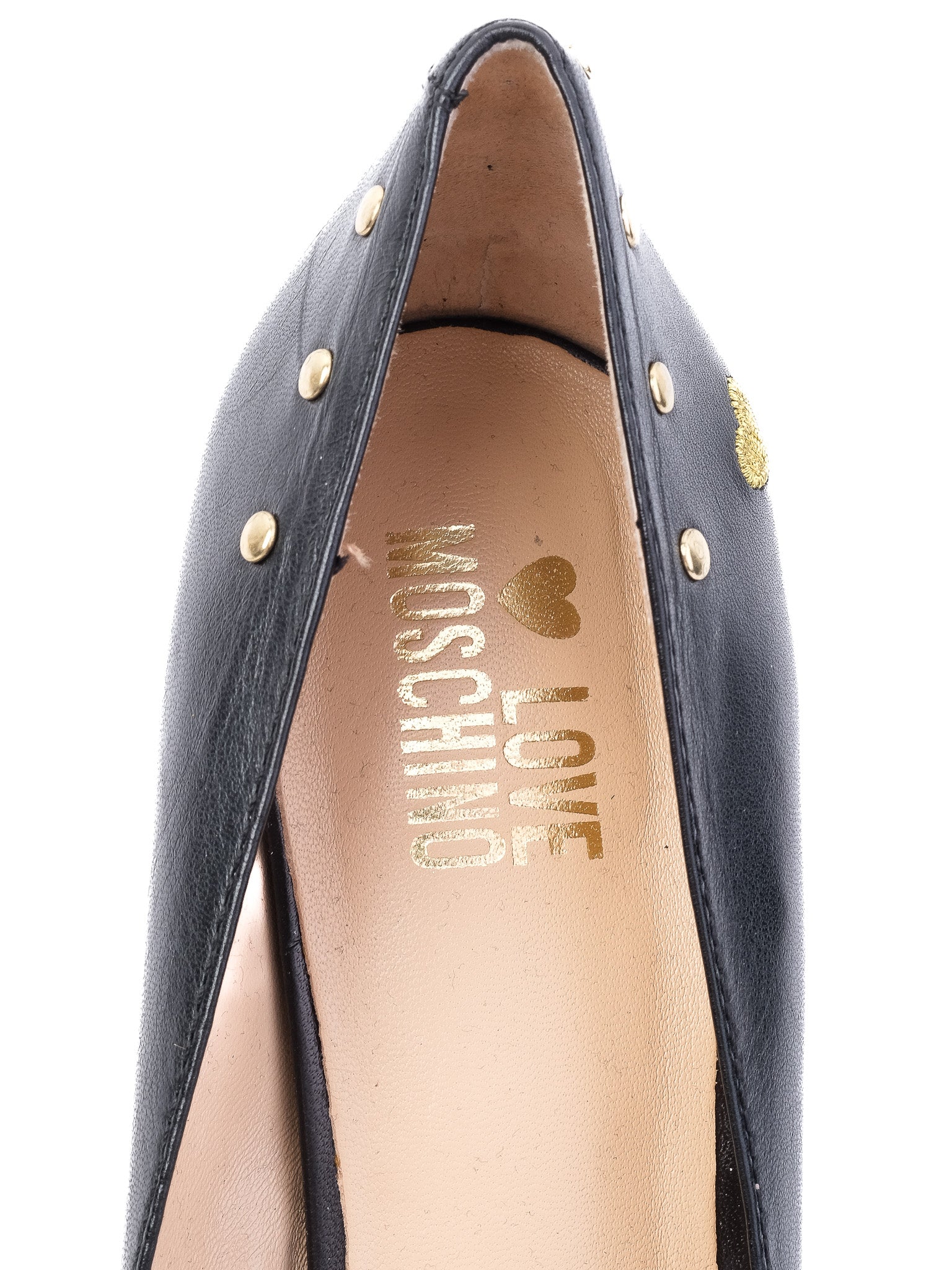 Perfect Moschino Black Leather High-Heeled Shoes Size 39 with Gold Accents