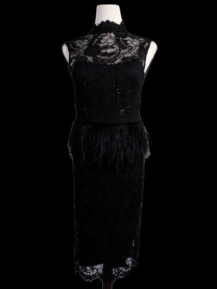 Excellent Alice+Olivia Black Silk Dress with Lace and Feathers