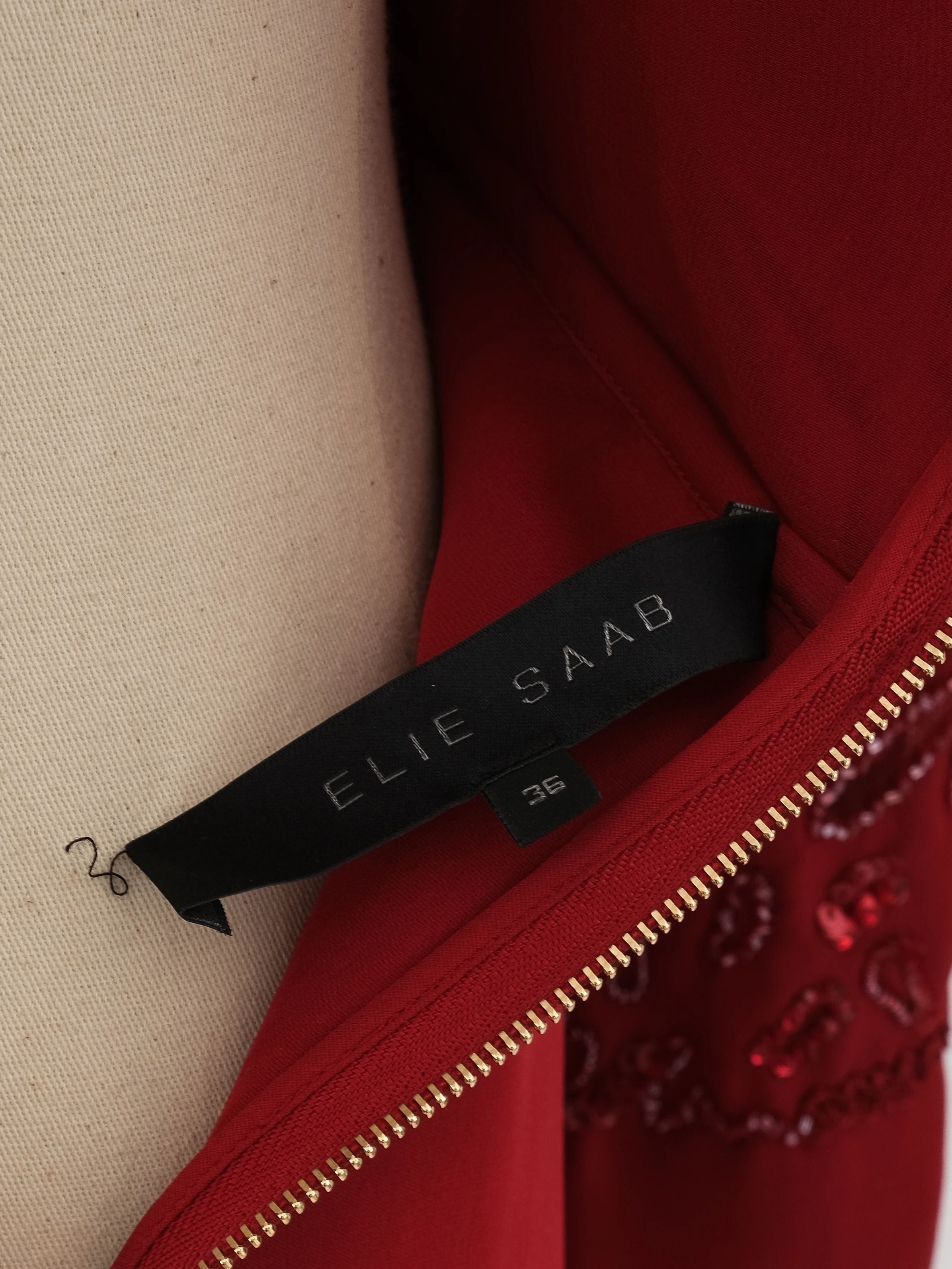 Excellent Elie Saab Red Silk Peplum Blouse Size S with Bead Embellishments